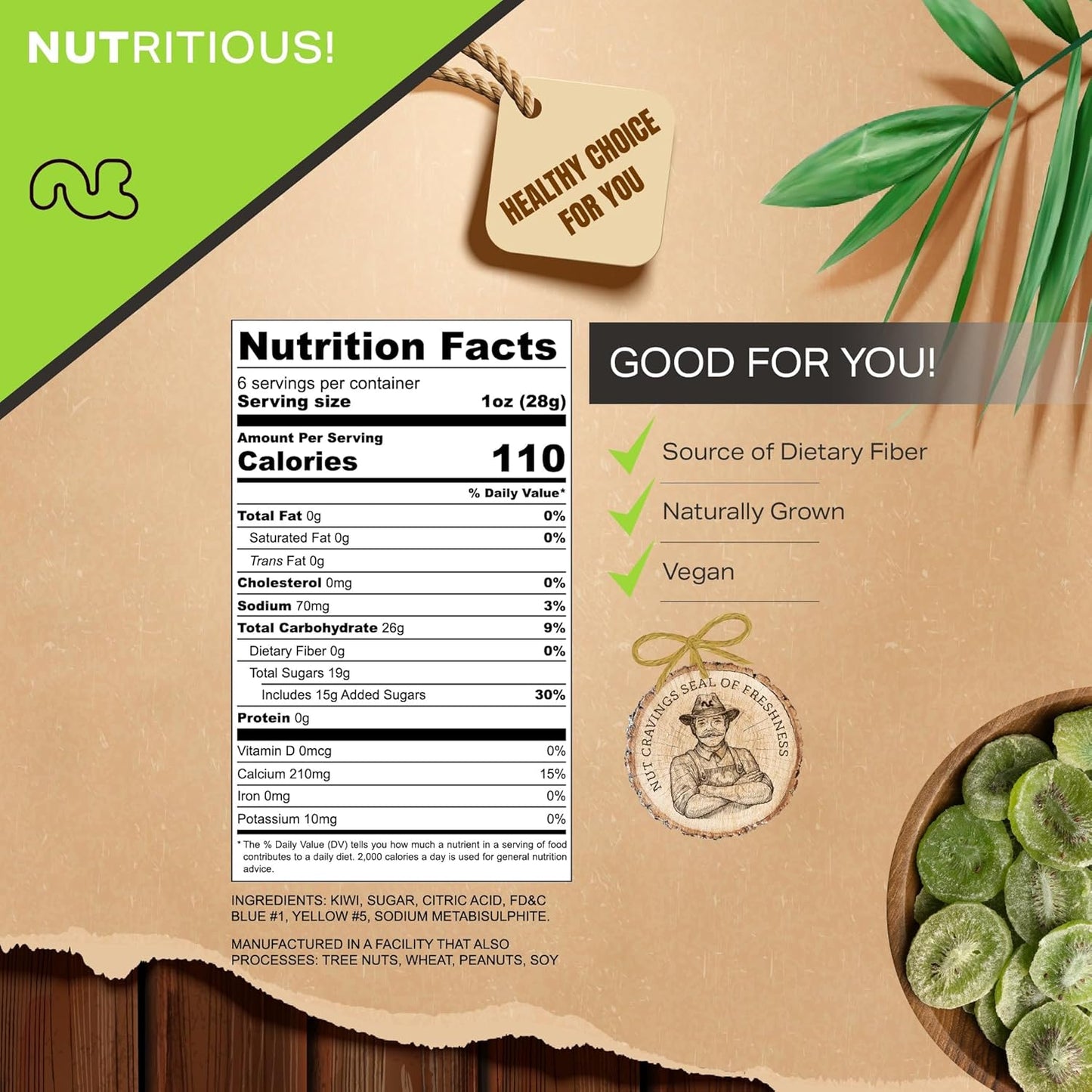 NUT CRAVINGS - Sun Dried Kiwi Slices, Lightly Sweetened (6oz, 1 Pack) Bulk Dry Fruits Packed Fresh in Resealable Bag - Sweet Healthy Snack, Naturally Grown, Vegan, Kosher