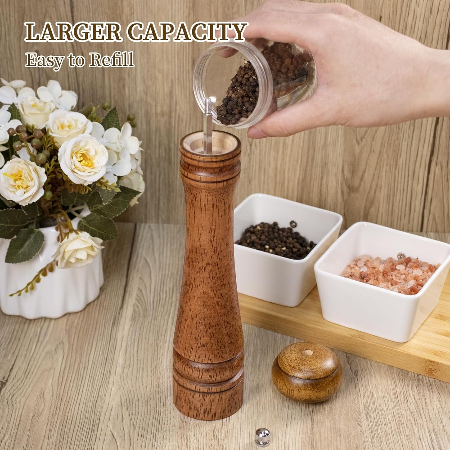 1 Pack - 10 Inch tall Wooden Pepper Mill or Salt Mill Elegant Pepper Grinder Wood with a Adjustable Ceramic Rotor and Easily Refillable - Oak Wood Salt Grinder for Your Kitchen