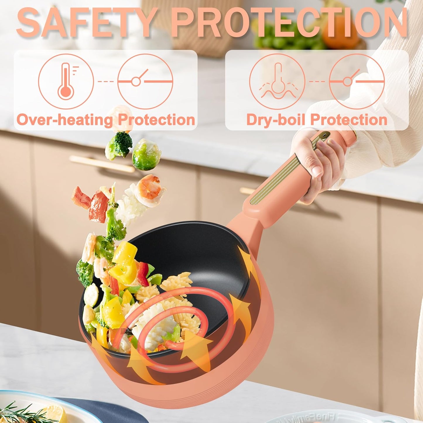 TOPWIT Hot Pot Electric with Steamer, 𝟐𝐋 Electric Pot, Non-Stick Portable Cooker, Portable Pot, Sauté Pan for Steak, Egg, Ramen, Soup with Dual Power Control (Silicone Spatula Included), Peach