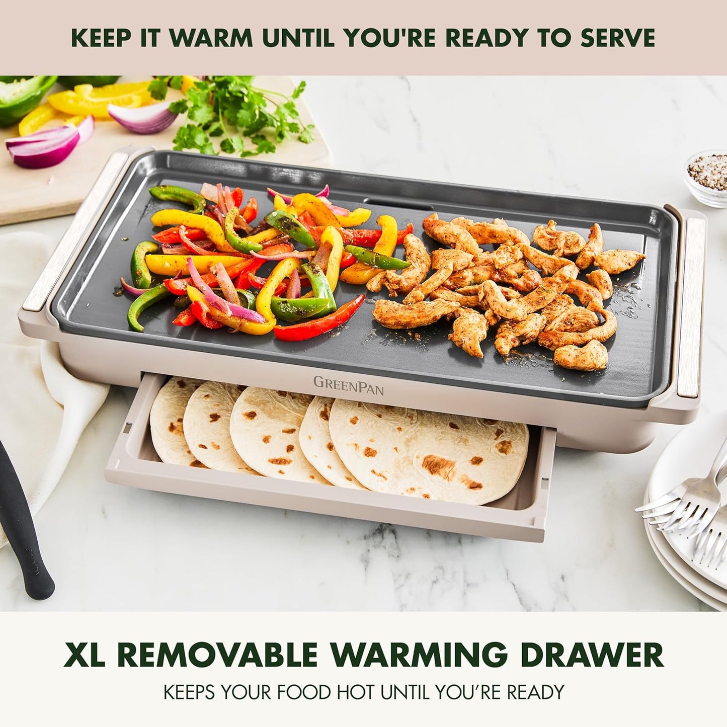 GreenPan Advanced 10.5”x 20” Electric Griddle with Warming Drawer, Healthy Ceramic Nonstick PFAS-Free Coating, Temperature Control, Easy and Versatile Countertop Meals, Dishwasher Safe, Clay