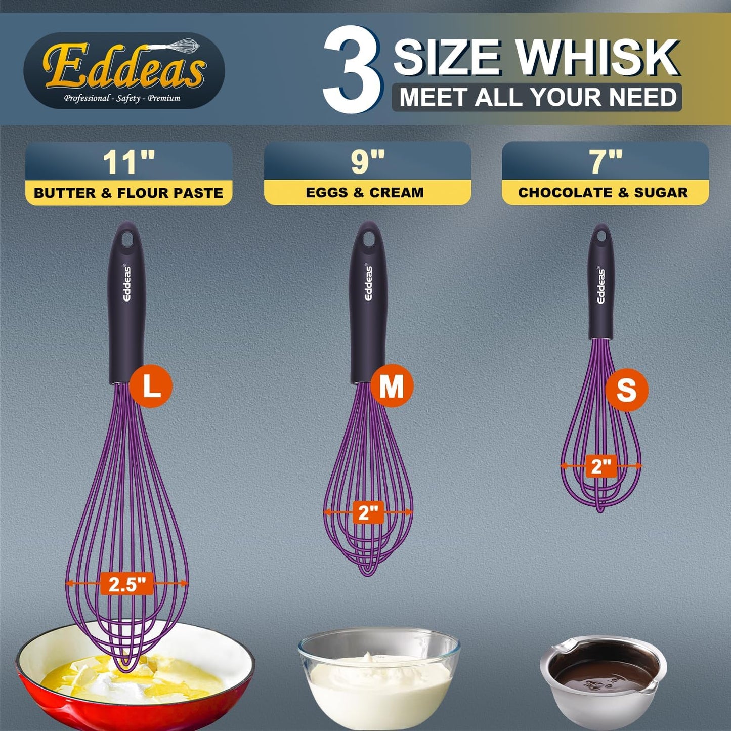 Silicone Whisk, Eddeas Whisk Non-Scratch Coated Whisks set of 3-Heat Resistant(450°F) Kitchen Wisk, Balloon Egg whisk Perfect for Blending, Whisking, Beating & Stirring, Purple