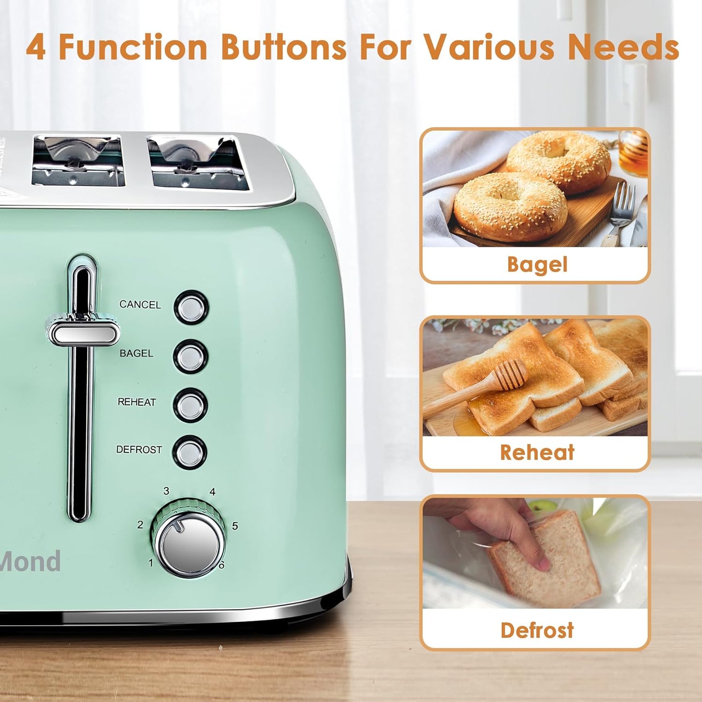 Toaster 4 Slice Retro Stainless Steel with Extra Wide Slots Bagel, Defrost, Reheat Function, Dual Independent Control Panel, Removable Crumb Tray, 6 Browning Levels, Aqua Green