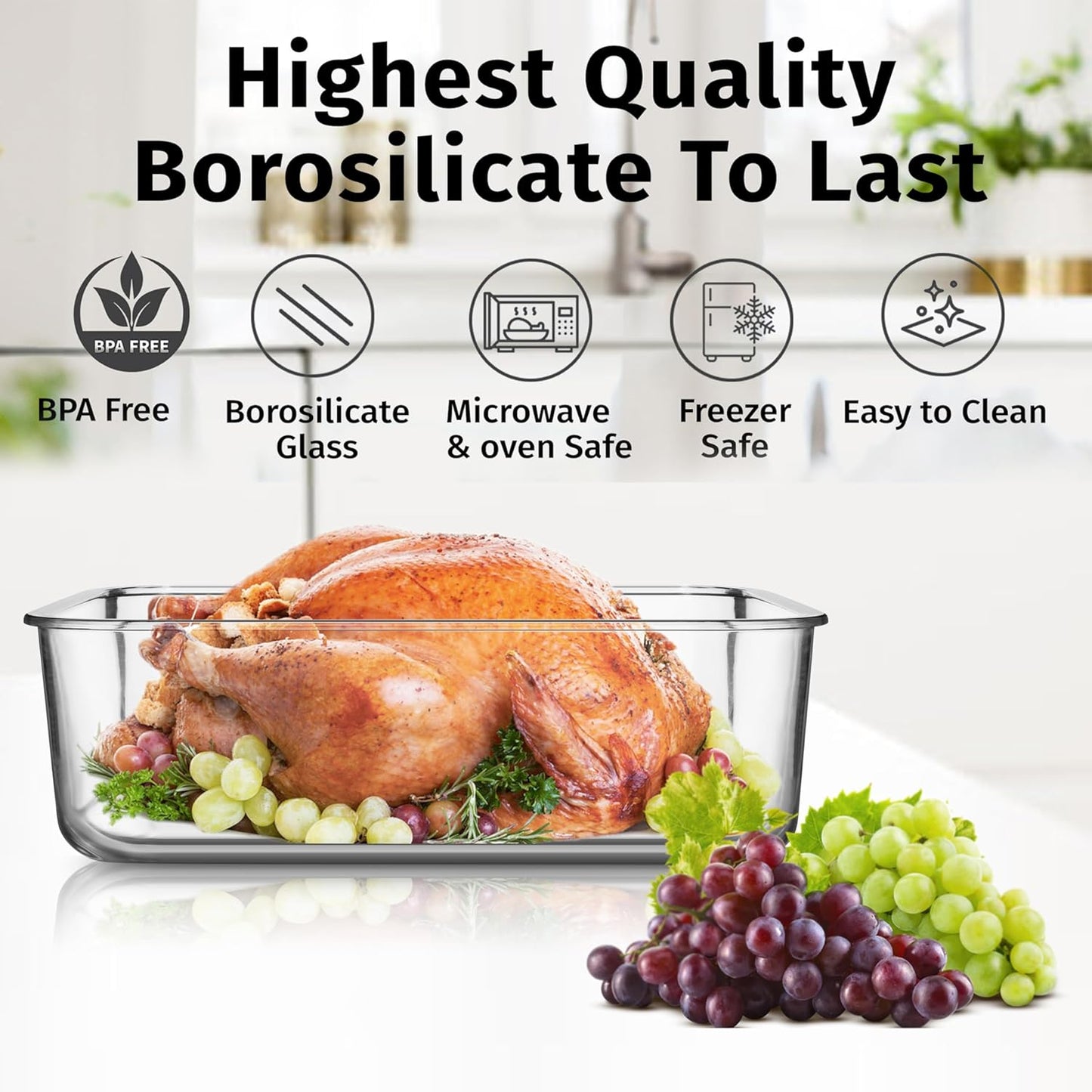 4800 ML / 163 oz / 21 Cup LARGE Glass Food Storage Container with Airtight Locking Lid. Ideal Storing food, Vegetables, Fruits. Baking Casserole, Lasagna, Roasting Turkey, Chicken BPA Free Oven Safe