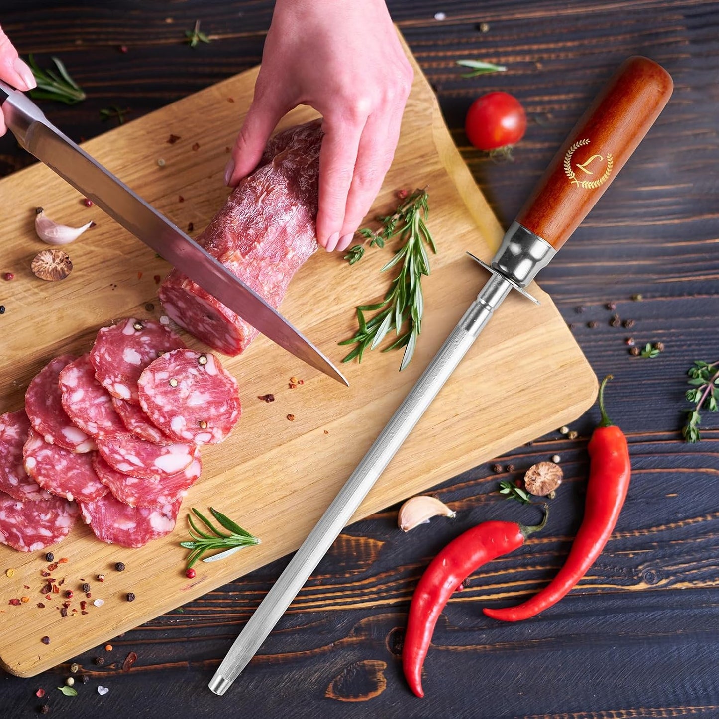 Knife Sharpener Rod, Kitchen Knives Sharpener Carbon Steel Professional Knife Sharpening Steel, Honing Rod with Hanging Holes (13 inches), L