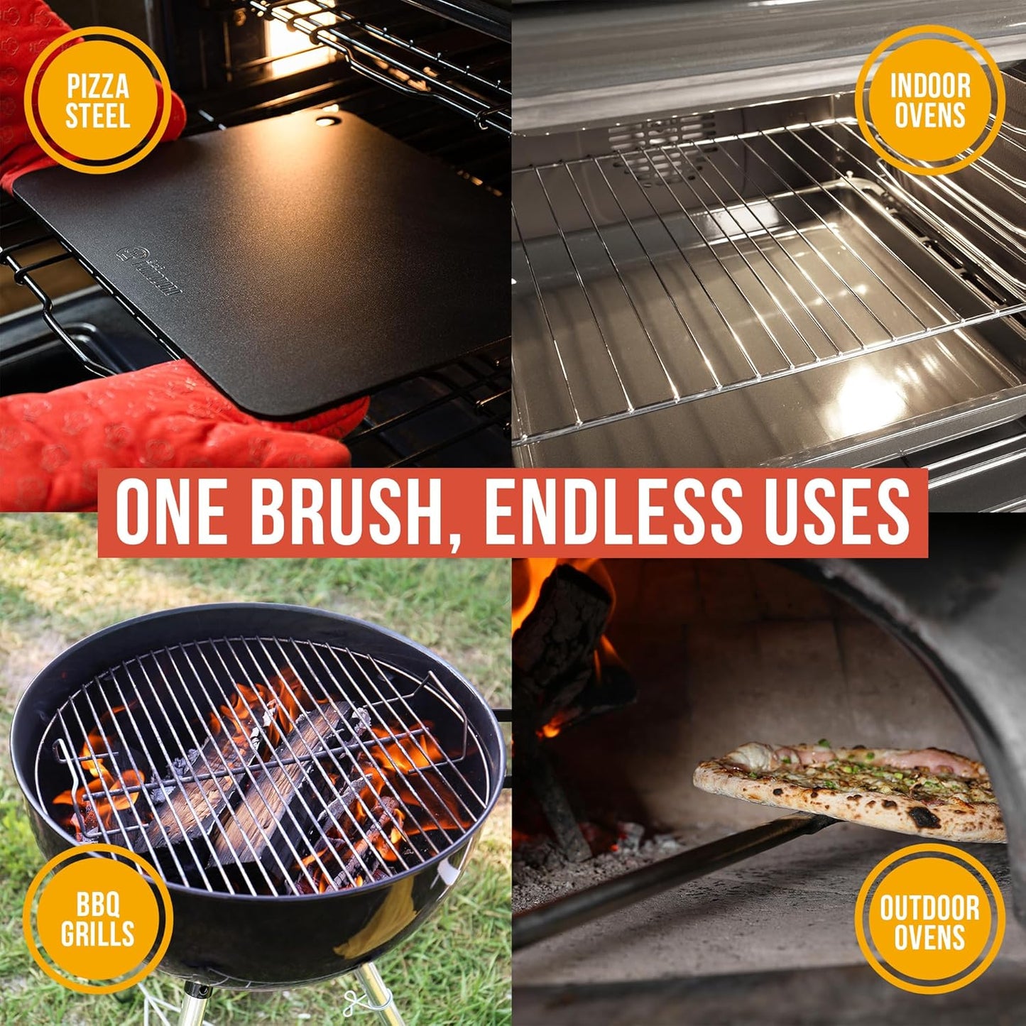 Chef Pomodoro Pizza Oven Brush with Scraper - Adjustable Handle (55cm to 87.7cm), Pizza Stone Brush, Pizza Oven Cleaning Brush, Outdoor Pizza Oven Accessories for Pizza Stones, BBQ Grill, and Ovens