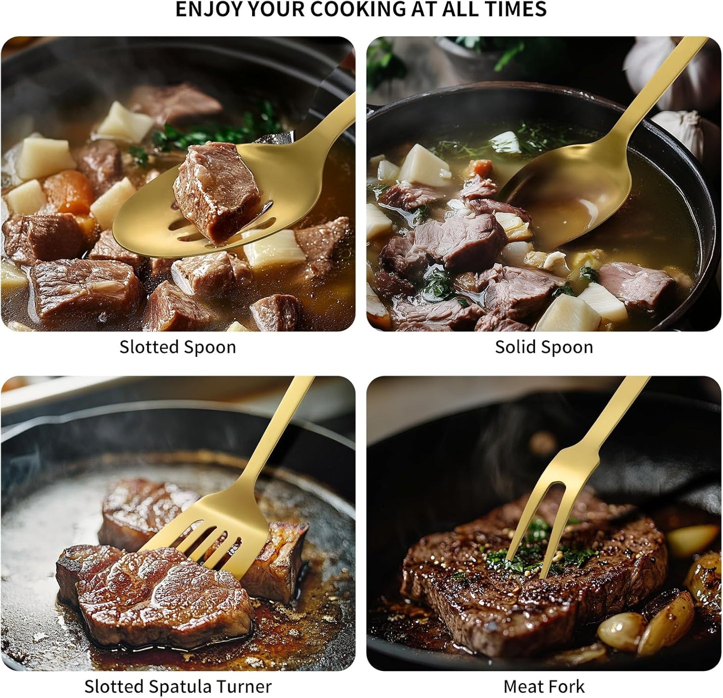 304 Stainless Steel Cooking Utensils Set, 8PCS Kitchen Utensils Set, Include Skimmer, Soup Ladle, Spaghetti Server, Wok Spatula, Slotted Spoon, Solid Spoon, Slotted Spatula Turner & Meat Fork, Gold