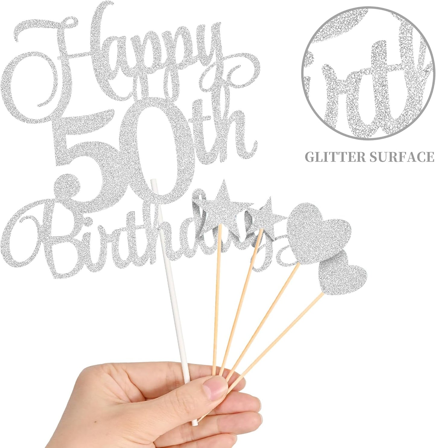 50th Birthday Cake Decorations, 50th Birthday Candles Cake Numeral Candles and Glitter Happy 50th Birthday Cake Toppers Set for Birthday Party Supplies (Silver)