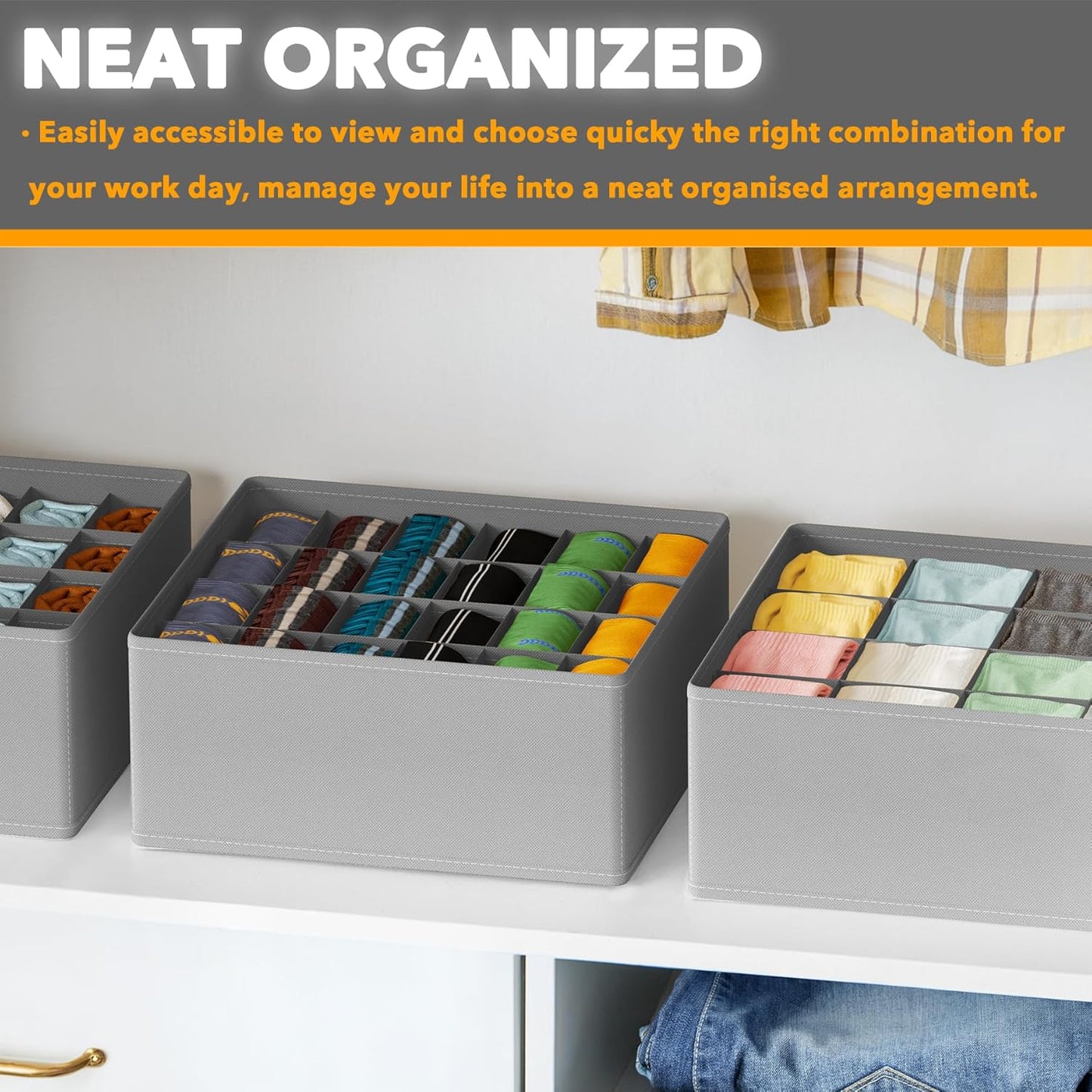 SpaceAid Sock Drawer Organizer Divider 3 Pack, 64 Cell Dresser Closet Nursery Underwear Organizers Storage Bins for Organizing Socks Underwear Ties Belts (Grey)