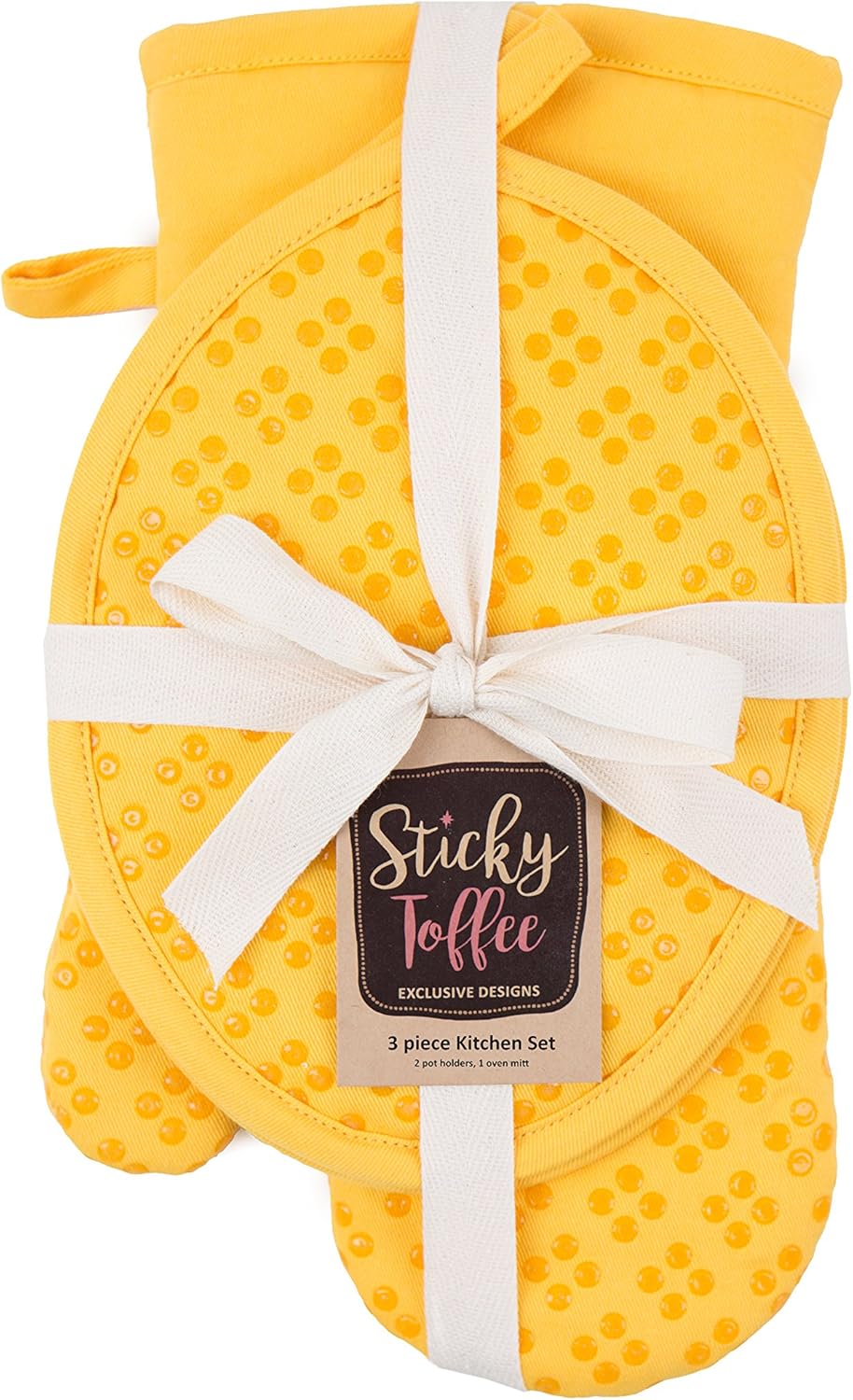 Sticky Toffee Oven Mitt and Pot Holder Set of 3 – Yellow Non-Slip Kitchen Hot Pads and Mitts with Silicone Grip, 100% Cotton Shell, Oeko-Tex Cotton