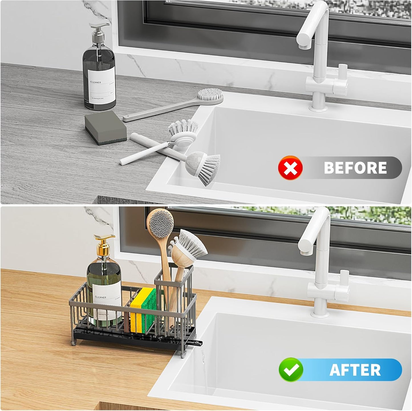 Cisily Light Gray Sponge Holder for Kitchen Sink, Sink Caddy Organizer with High Brush Holder, Kitchen Countertop Organizers and Storage Essentials, Rustproof 304 Stainless Steel, Soap Dispenser