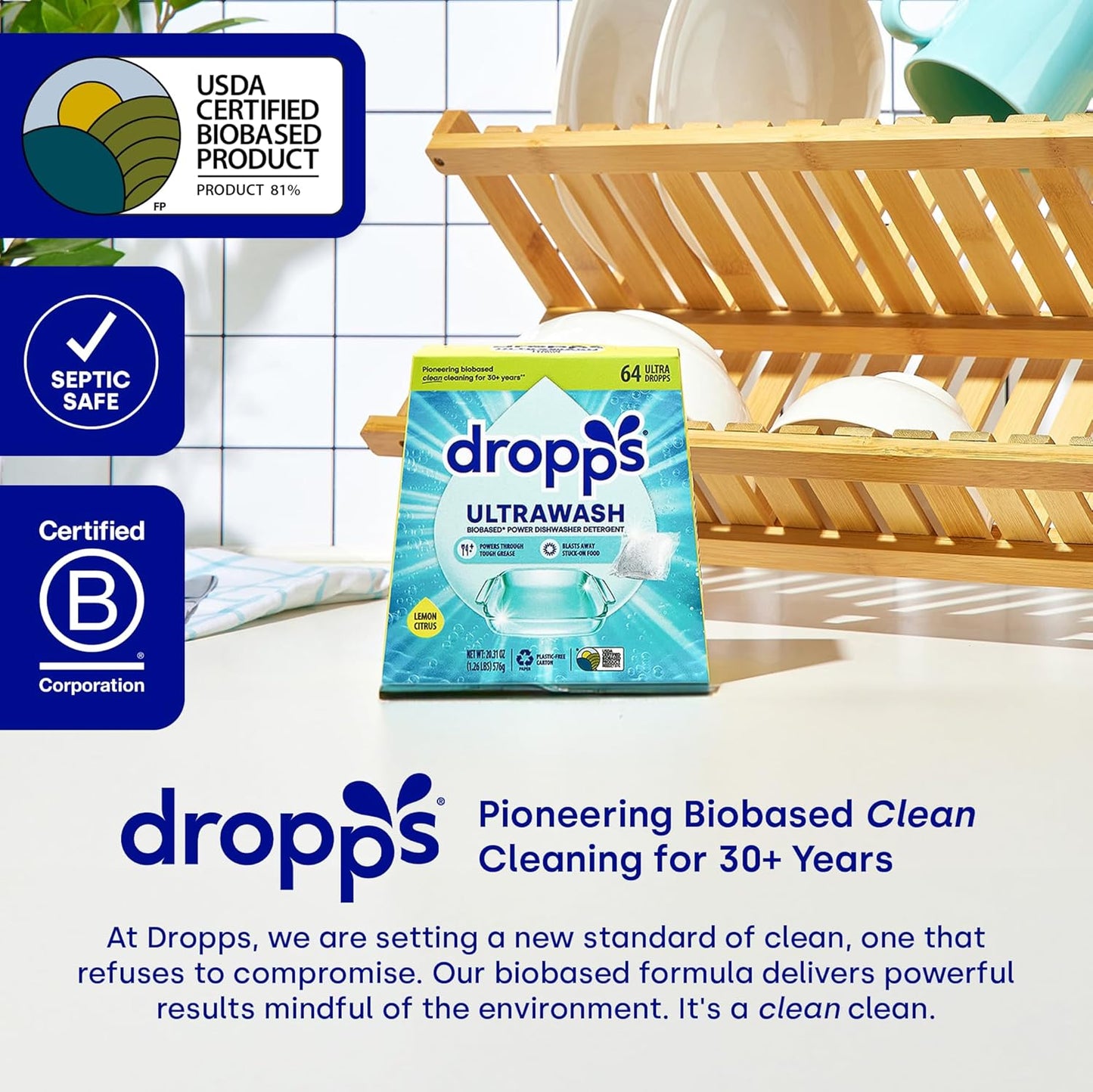 Dropps UltraWash Dishwasher Pods, Unscented (120 Count) - Biobased Power Deep Clean Dishwasher Detergent Tablets for Sparkling Shiny Dishes - No Rinse Aid or Pre-Wash Needed - Dishwashing Pods