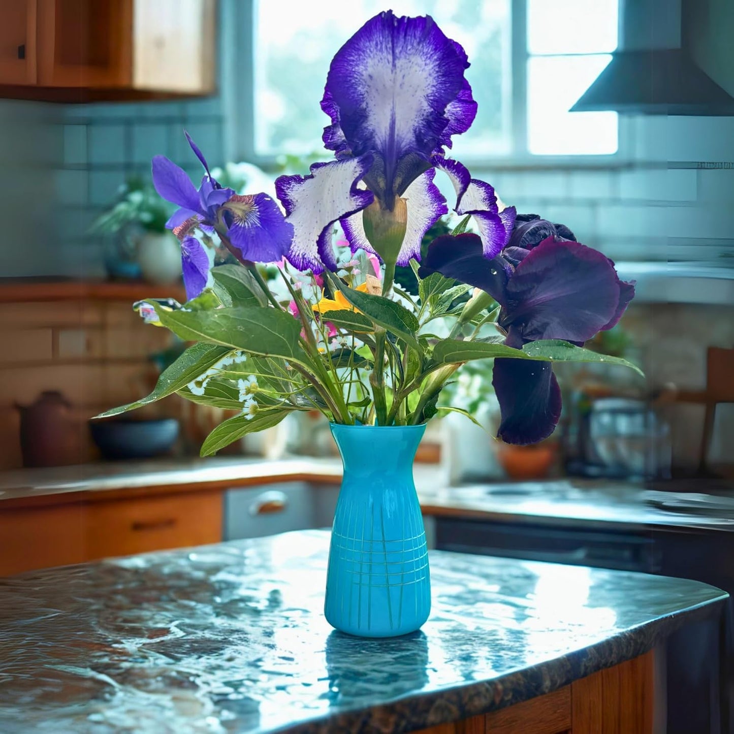 Rolf Glass Matchstick Colored Glass Vases | 6.5" Flower Vases | Diamond-Wheel Engraved | Designed and Engraved in the US | Bright Blue and Orange Glass | Bold, Contemporary Design | Set of 2