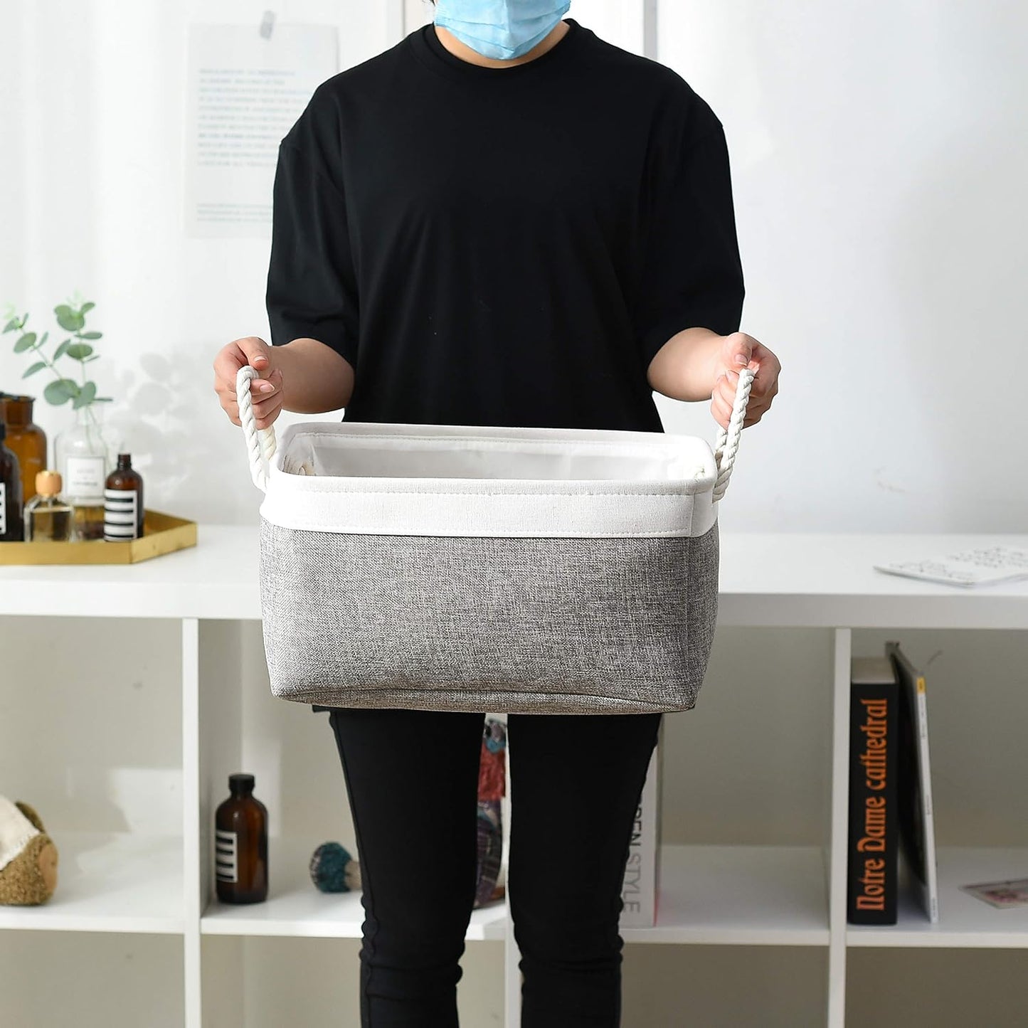 Storage Basket 16x12x8 inch Fabric Sturdy Canvas Storage Bins Organizer with Handles for Clothes and Storage Foldable Storage Boxes Cubes