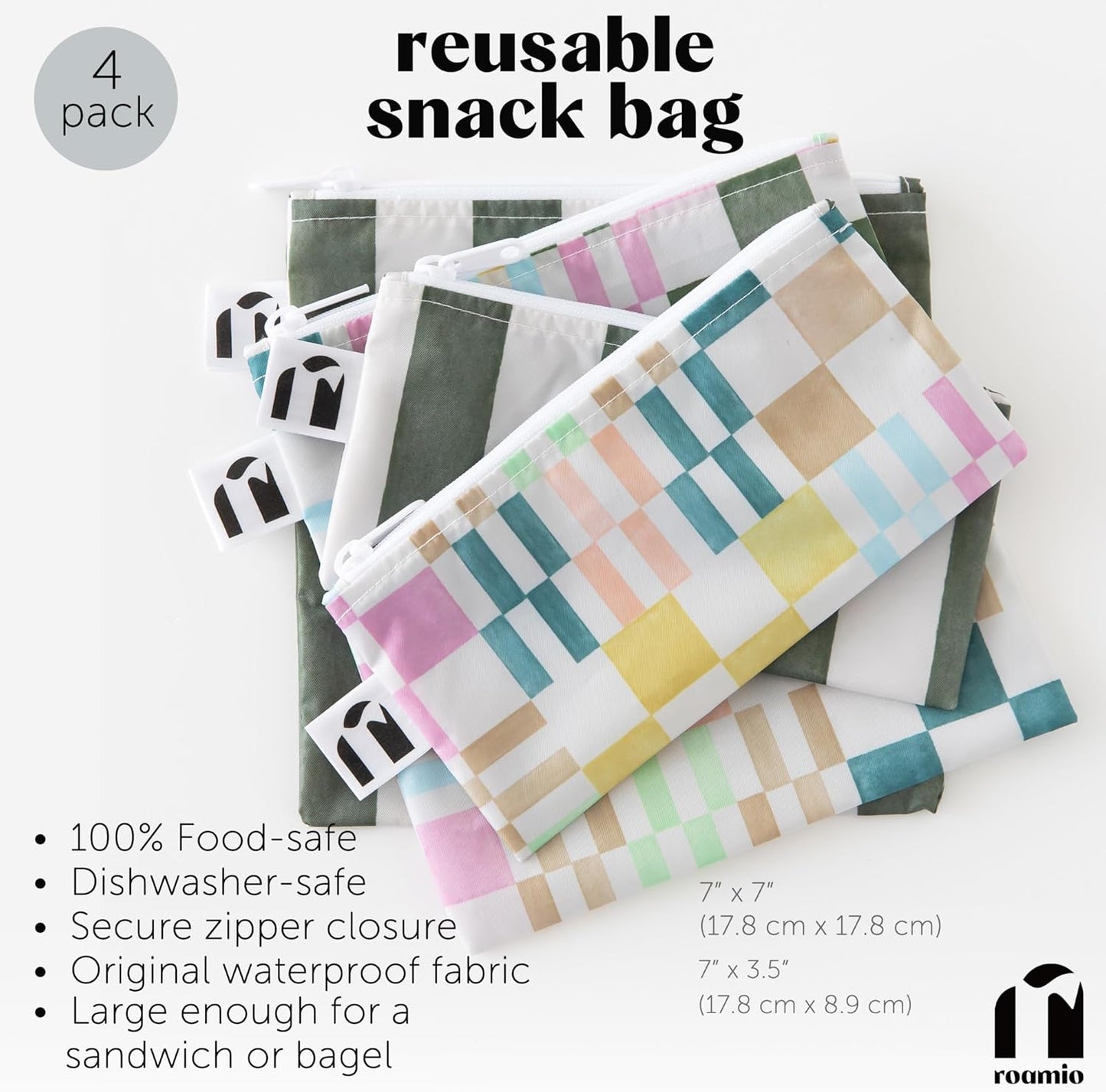 Roamio Reusable Sandwich and Snack Bags, for Kids School Lunch and for Adults Portion, Washable Fabric, Waterproof Cloth Zip Bag, Pack Travel Pouch, Food-Safe, 4-pack Set Green Stripe and Multi Check