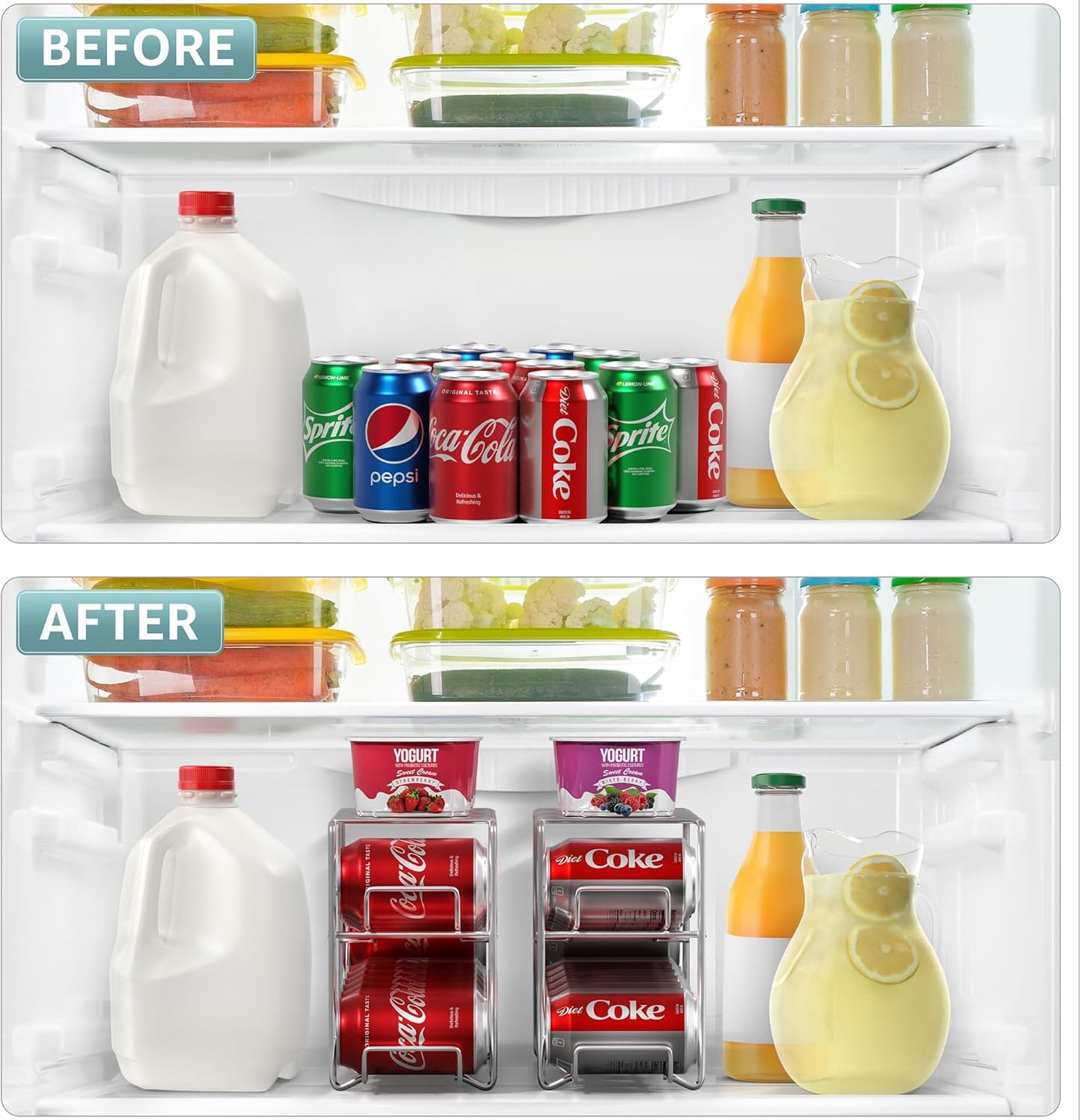 Sorbus Soda Can Rack Beverage Dispenser 12 Can Dispenser Organizer for Refrigerator (2 Pack, Silver)