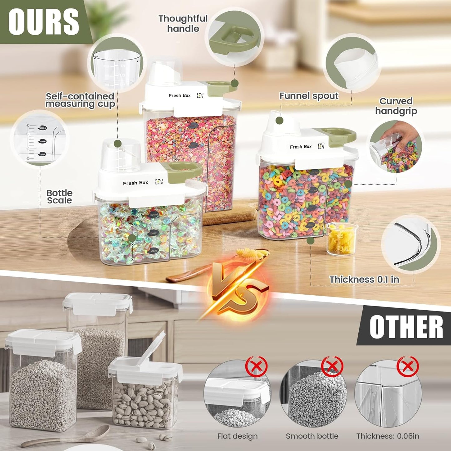 Cereal Storage Container 1Pack,61oz/1.8L Airtight Food Storage Containers With Lids,Organizers Storage With Measuring Cup for Beans,Sugar,Rice,Nuts,Snacks,Pet Food,Candy (Green, 1Pack Medium Size)