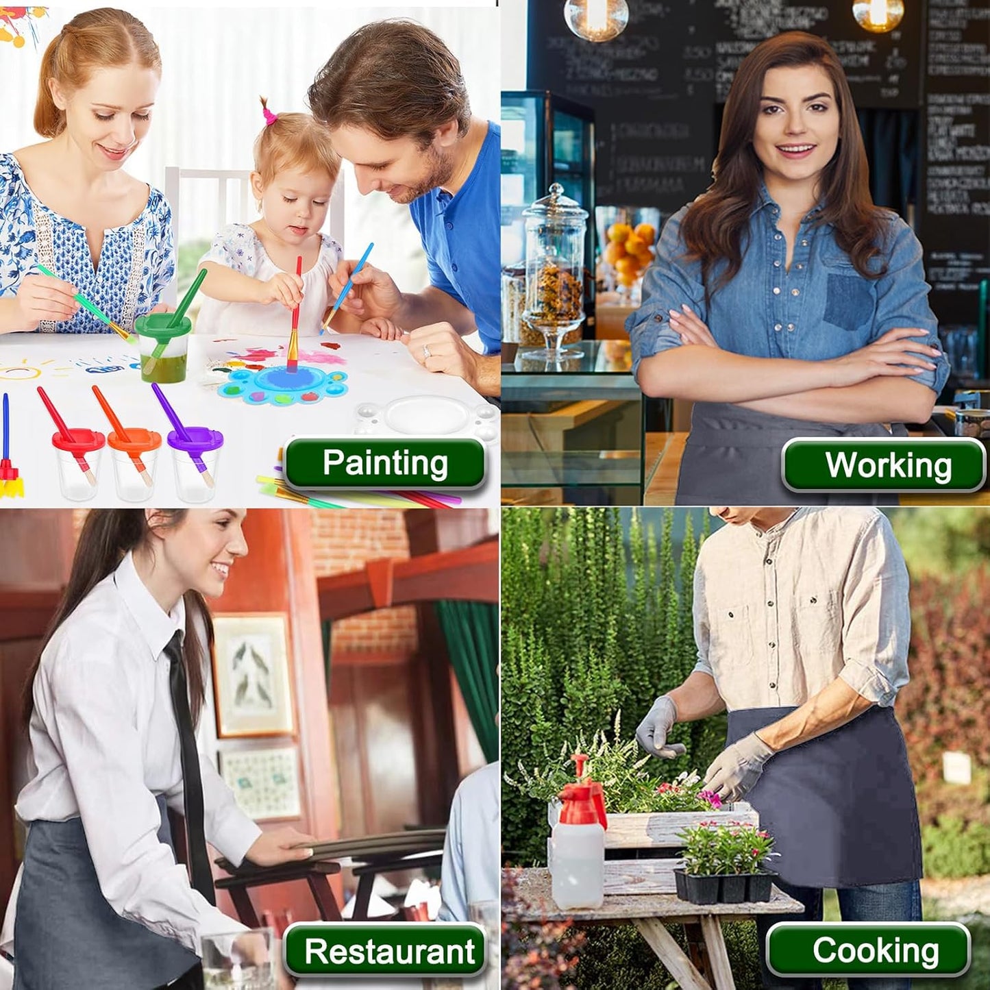 4 Pack Short Server Waitress Chef Apron, Grey Waist Aprons with 3 Pockets for Women Men, Half Apron for Waiter Cooking Dishwashing Cleaning Painting Gardening Barbecue (Polycotton - Grey)