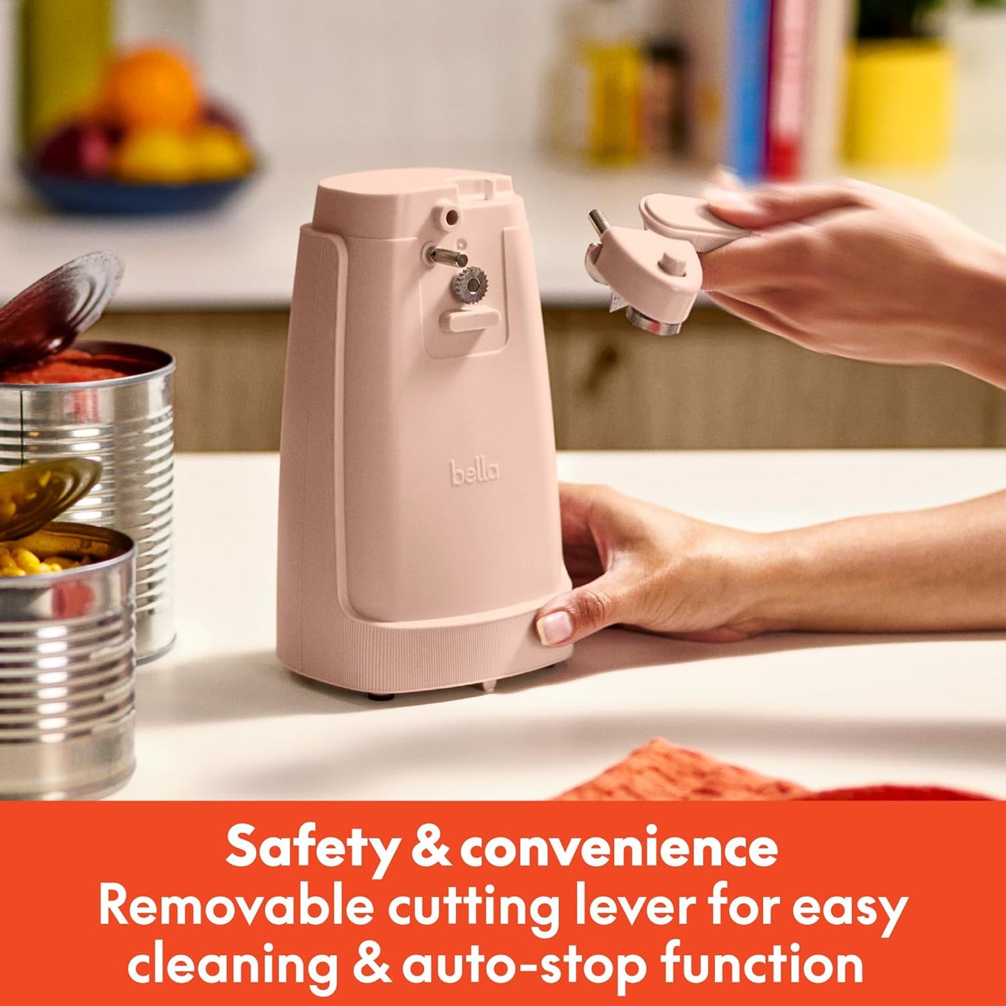 bella Electric Can Opener and Knife Sharpener, Multifunctional Jar and Bottle Opener with Removable Cutting Lever and Cord Storage, Stainless Steel Blade, Blossom