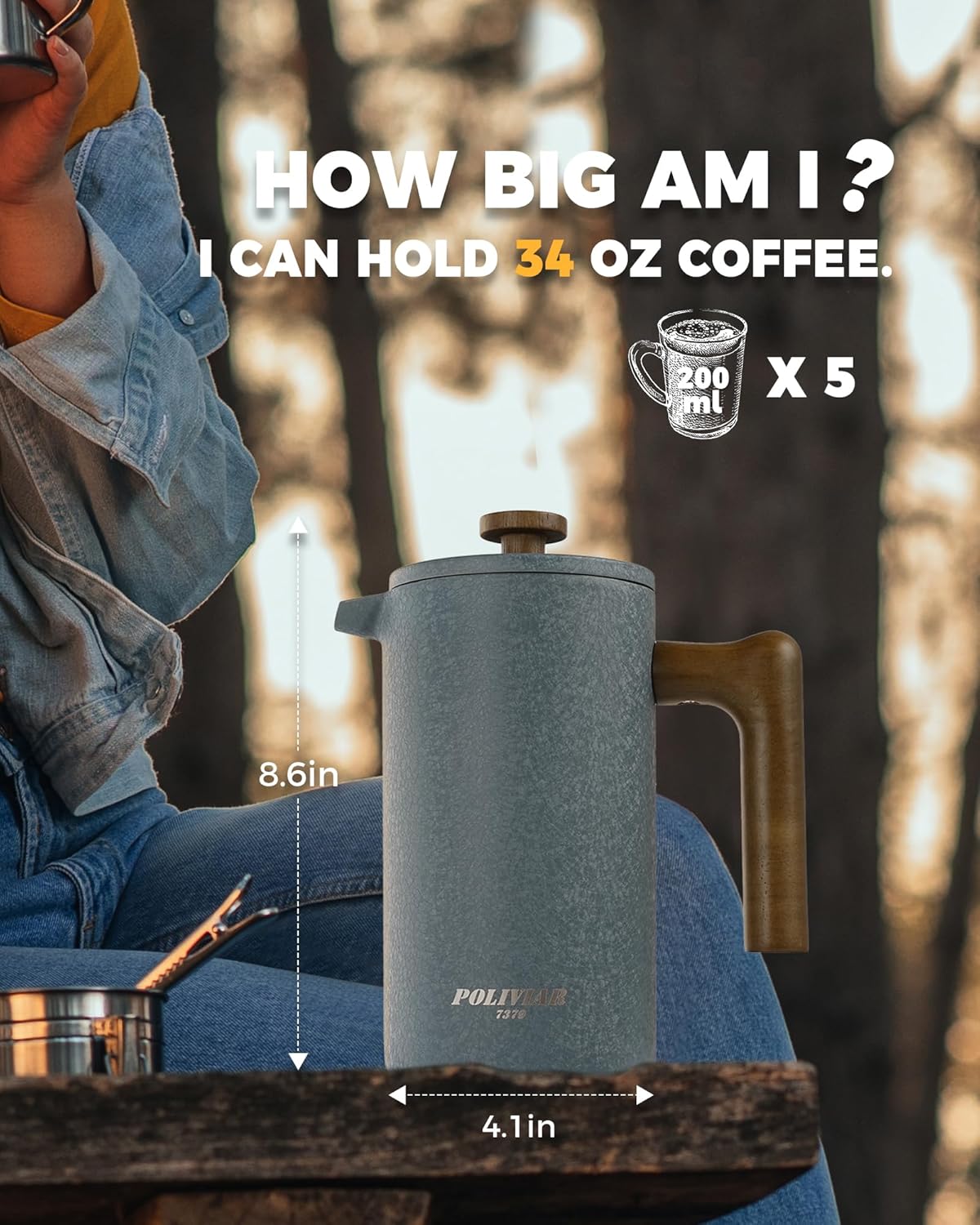 POLIVIAR French Press Coffee Maker, 34 Ounce Coffee Press with Real Wood Handle, Double Wall Insulation & Dual-Filter Screen, Food Grade Stainless Steel for Good Coffee and Tea JX2023-FPLU