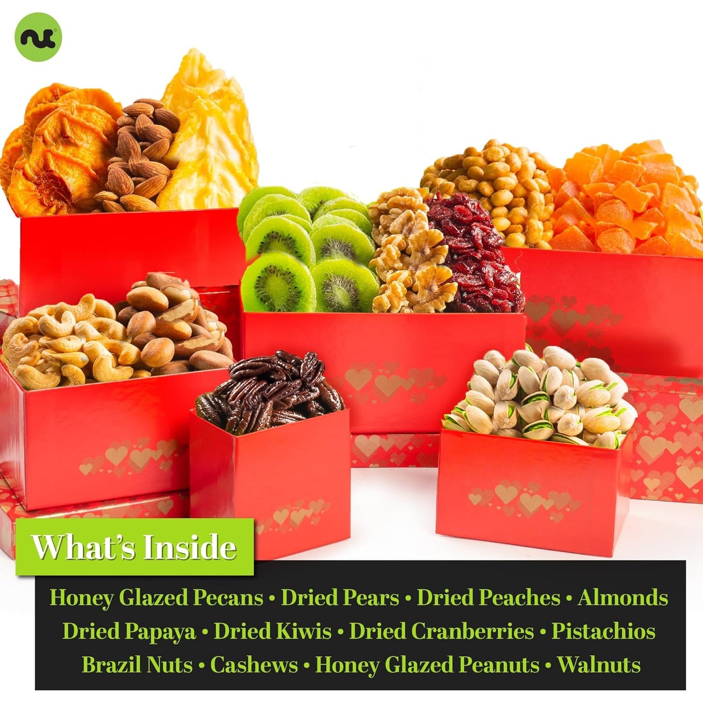 NUT CRAVINGS - Dried Fruit & Mixed Nuts Gift Basket Red Tower + Heart Ribbon (12 Assortments) Food Arrangement, Healthy Snack Care Package, Food Assortments
