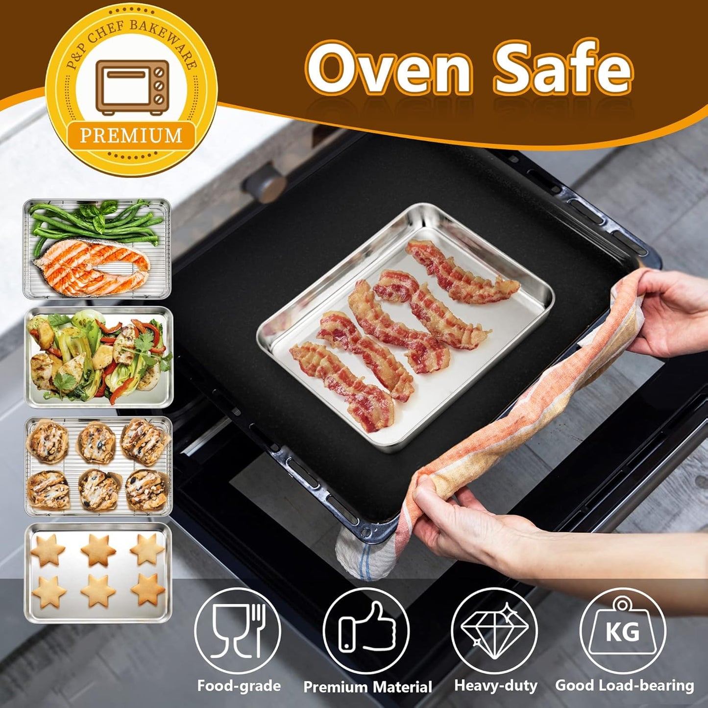 P&P CHEF 9 Inch Baking Sheet Pan with Rack Set, Stainless Steel Cookie Sheet Pan Tray with Cooling Rack for Oven Use, Cooking Roasting, Non Toxic & Dishwasher Safe, Heavy Duty