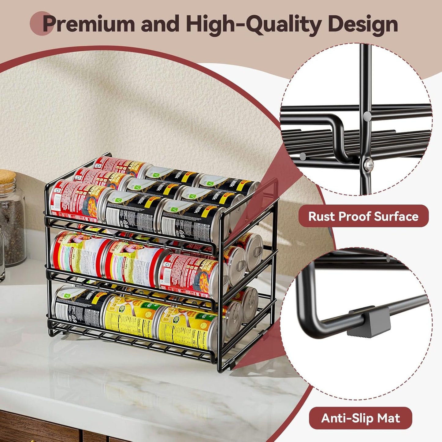 SUFAUY 3 Tier Can Organizer for Pantry, Holds 36 Cans for Cabinet Storage or Kitchen Shelves, 12" d X 16.5" w X 14" h, Black