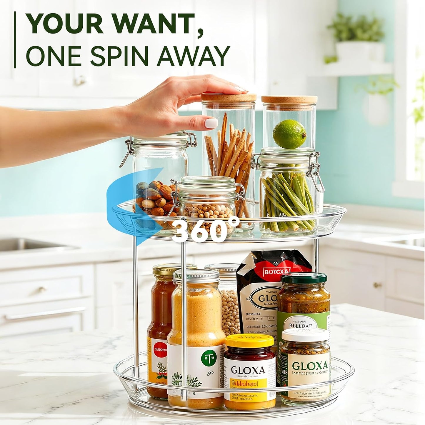 2 Tier Lazy Susan Turntable Organizer for Cabinet, 9.25'' Rotating Spice Rack Organization for Kitchen, Pantry, Bathroom, Vanity, Countertop, Medicine Storage, Seasoning Spice Organizer, 1 Pack