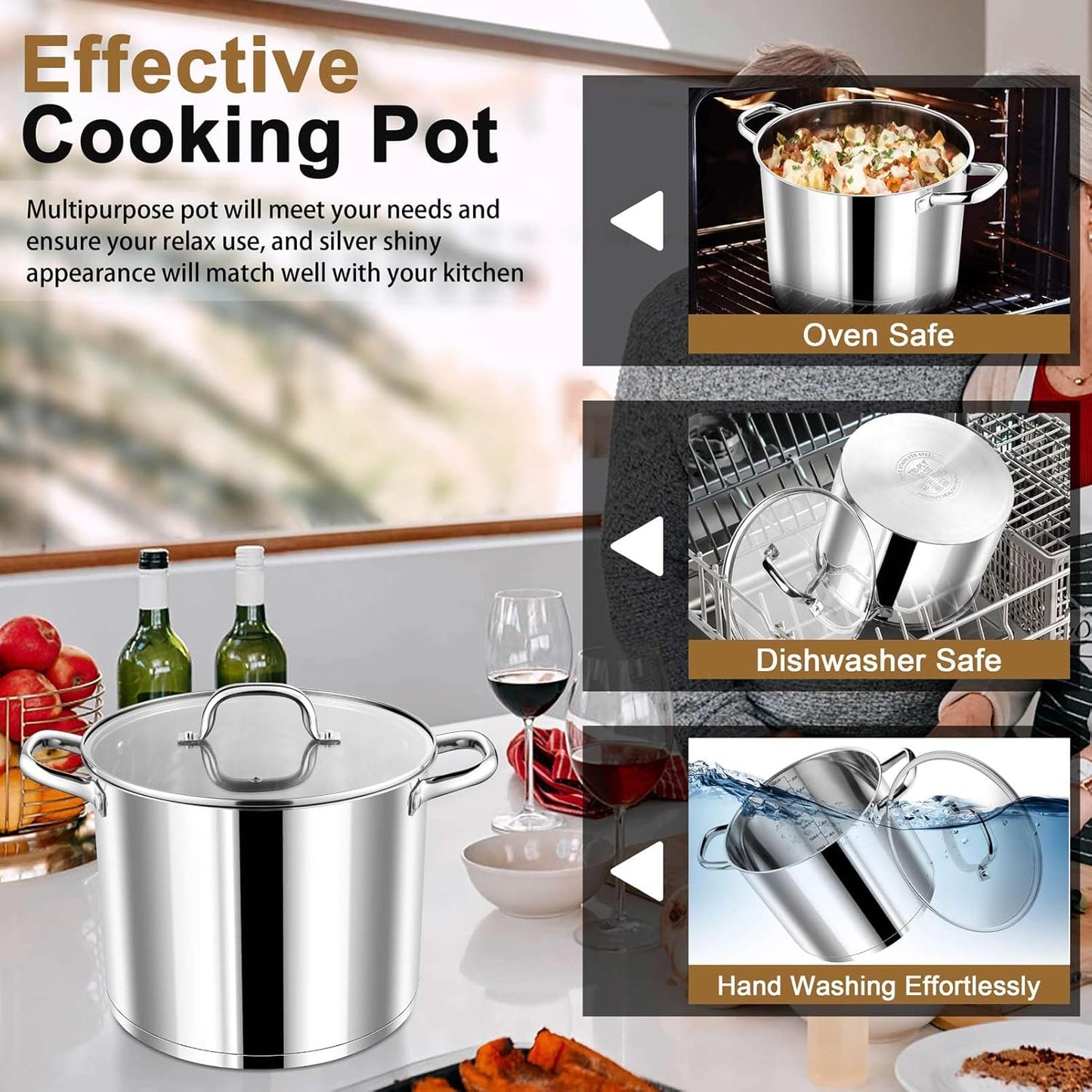 P&P CHEF 10 Quarts Cooking Stock Pot with Lid, Stainless Steel Stockpot Induction Pot for Soup, Tri-Ply Bottom & Clear Glass Lid & Double Handle, Dishwasher Safe