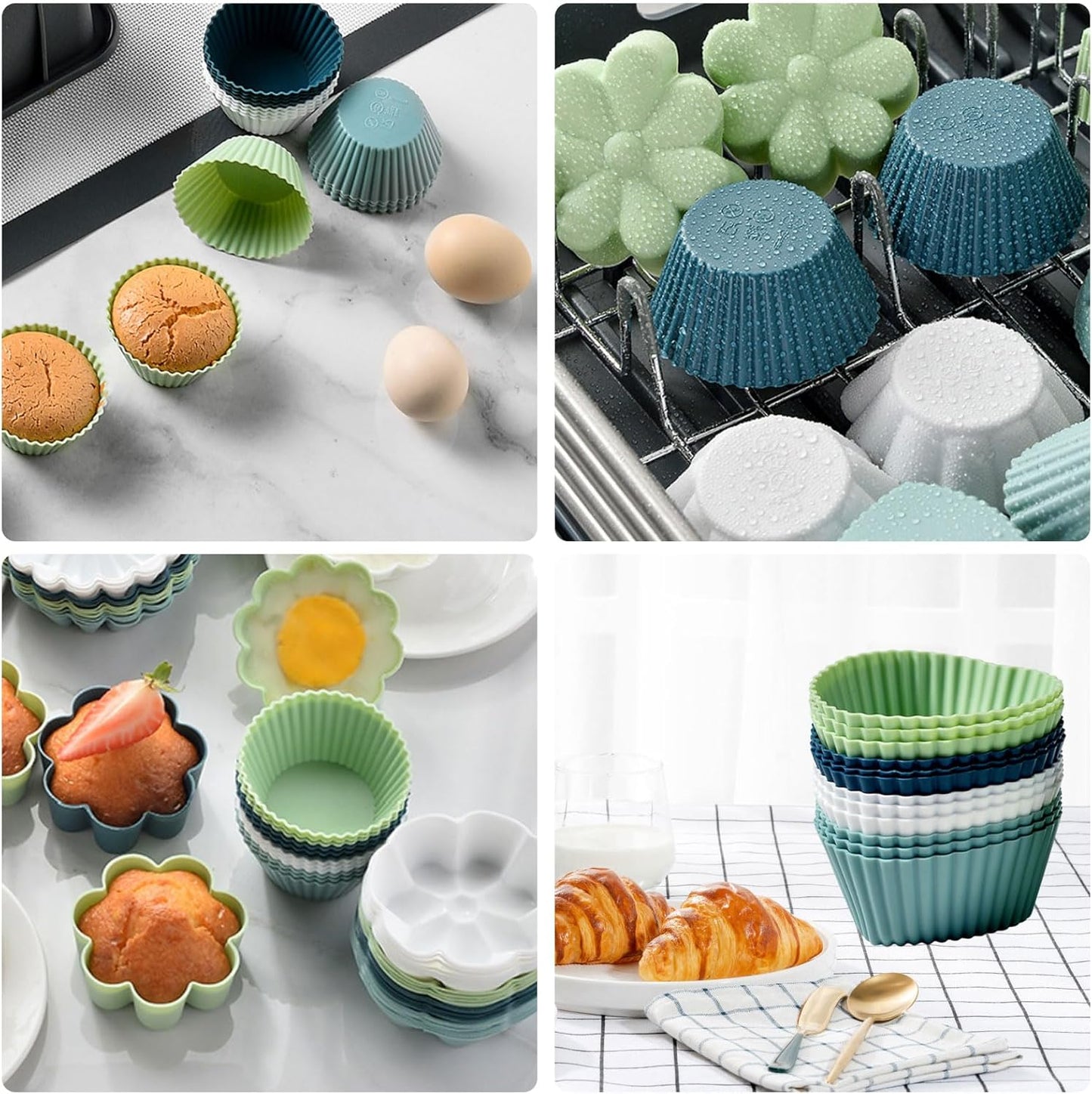 48 Pack Reusable Silicone Muffin Cups, Cupcake Baking Cups Mini Muffin Pan Silicone Cupcake Liners Non-stick Muffin Liners for Party (48, 4 Styles)