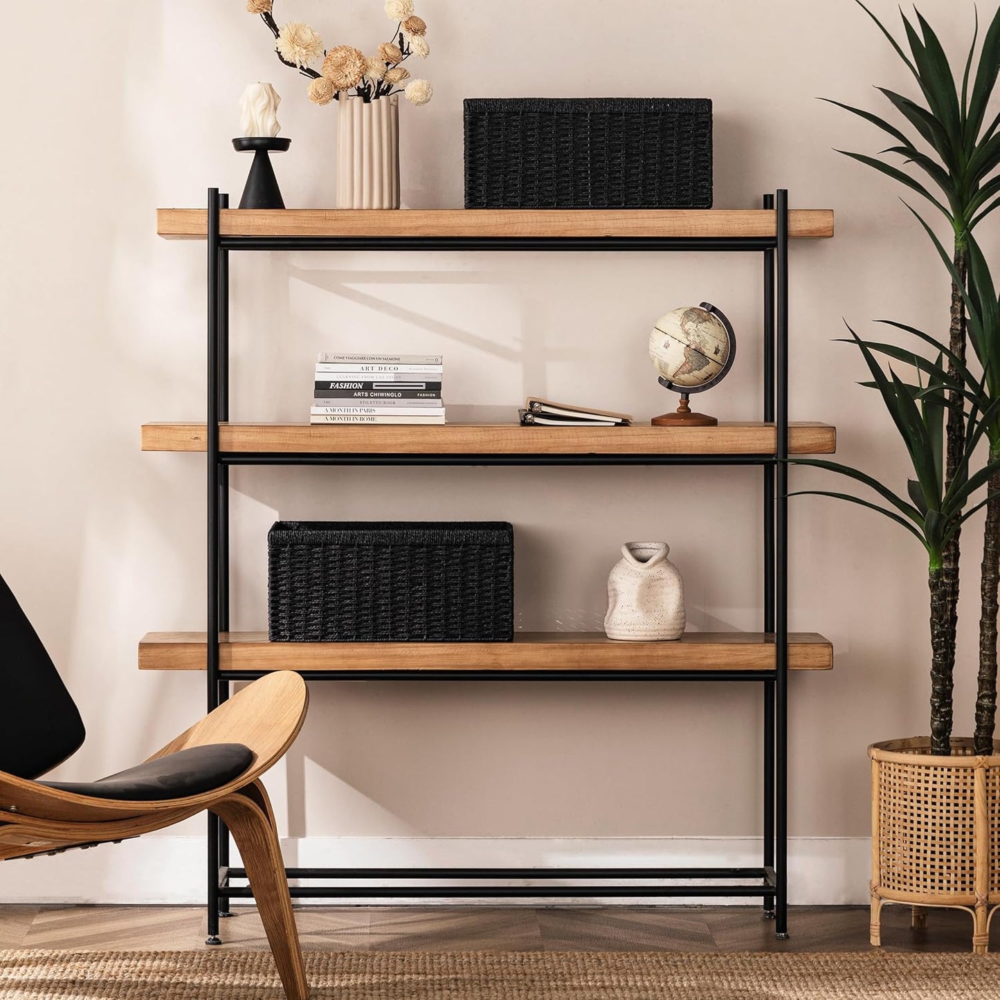 UBBCARE 2 Pack Wicker Basket, 13.4L×8.3H×7.1W inch Woven Paper Rope Storage Baskets for shelves, Foldable Rectangular Storage Baskets with Handle, Storage Basket for Organizing, Black