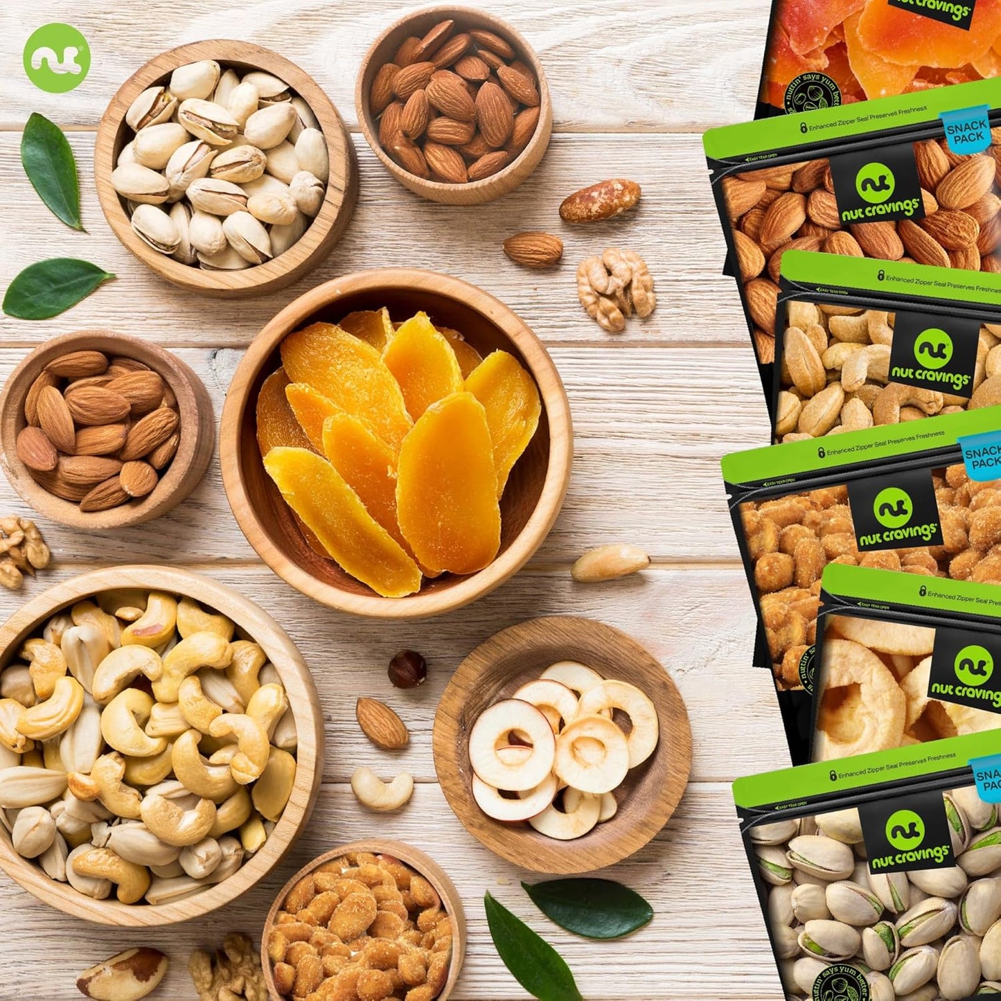 NUT CRAVINGS - Dried Fruit & Mixed Nuts Basket in Green Box (6 Assortments of 4 oz, 1.5 lb) Food Arrangement, Healthy Snack Care Package, Food Assortments