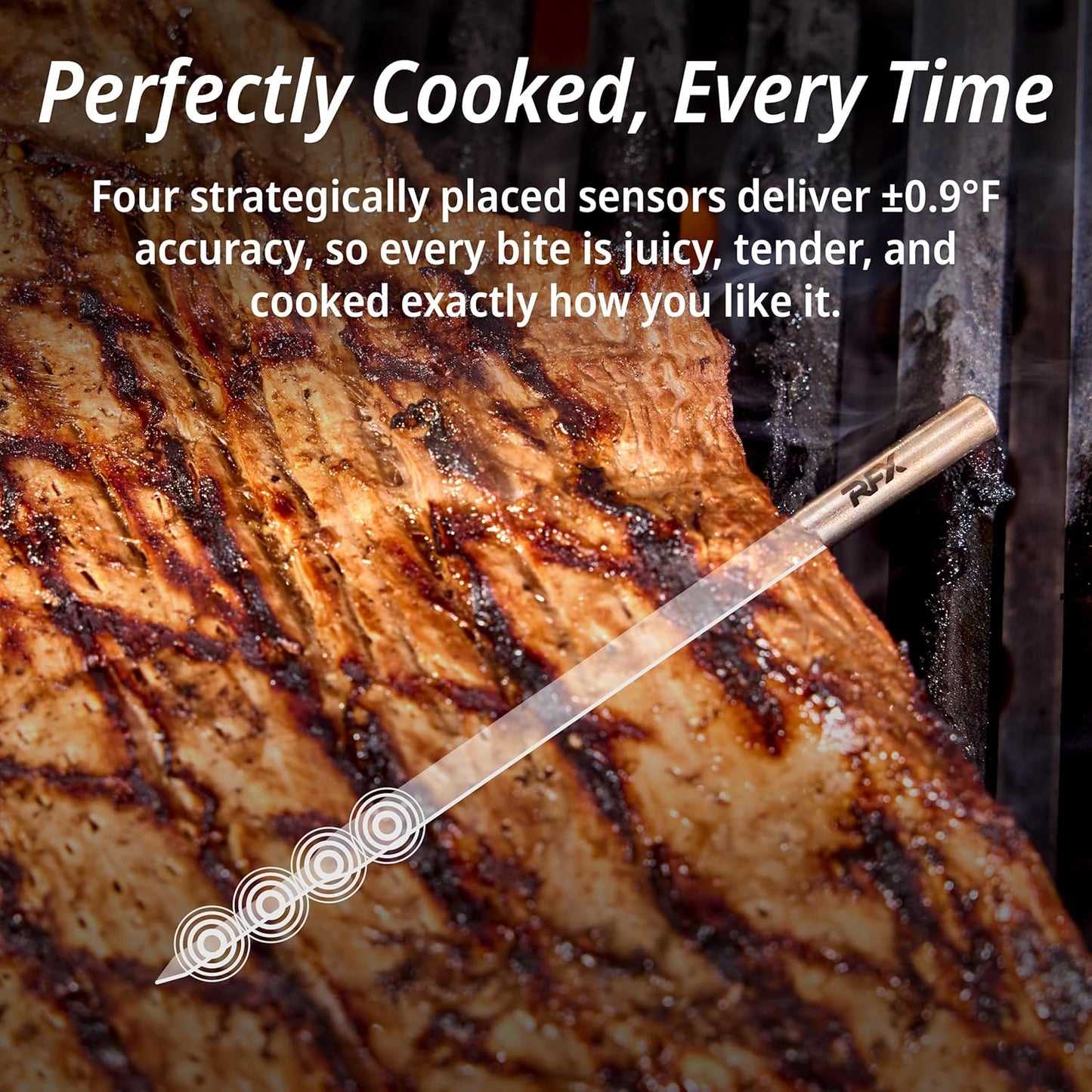 RFX | Smart Wireless Meat Thermometer | Wi-Fi & Radio Frequency | Stronger Signal Than Bluetooth | Meat Probe for Use in Smoker, Grill, BBQ, Oven - 4-Probe Kit