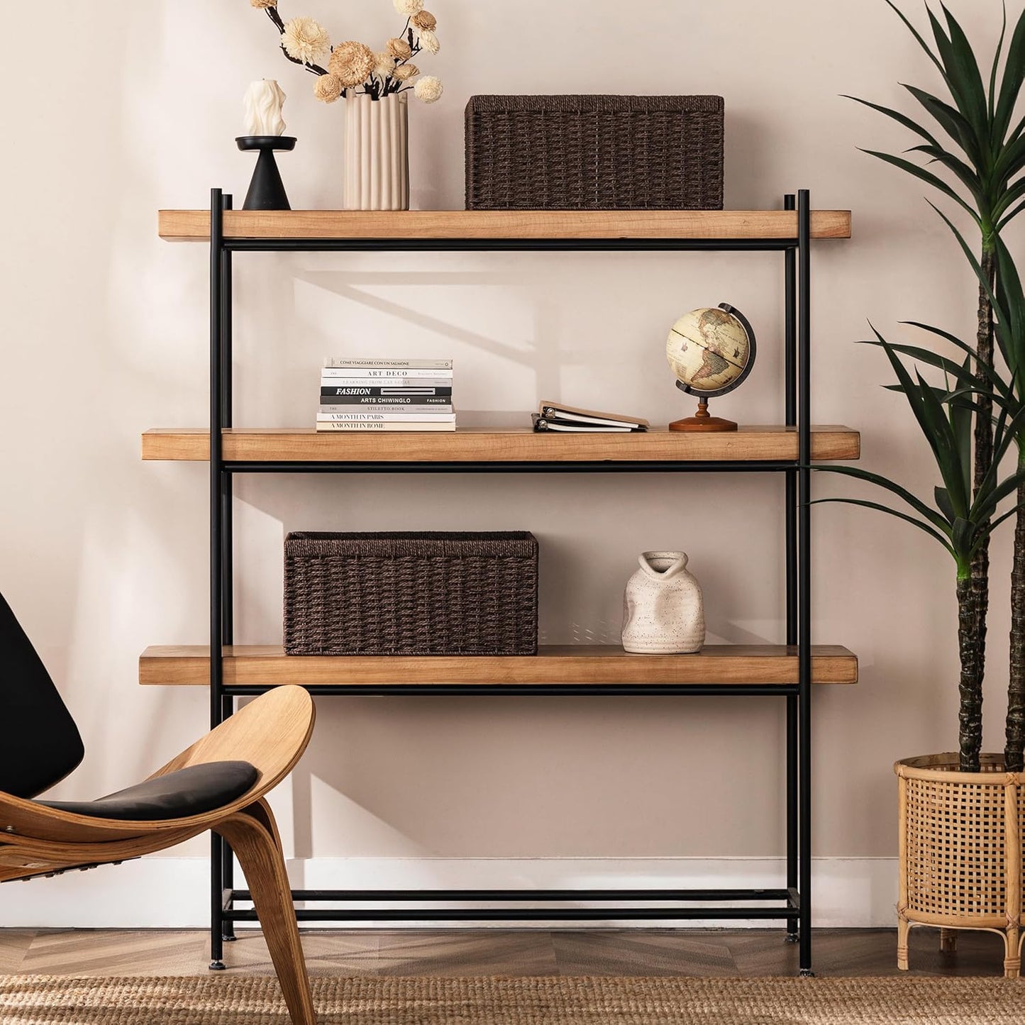 UBBCARE 4 Pack Wicker Basket, 13.4L×8.3H×7.1W inch Woven Paper Rope Storage Baskets for shelves, Foldable Rectangular Storage Baskets with Handle, Storage Basket for Organizing, Dark Brown