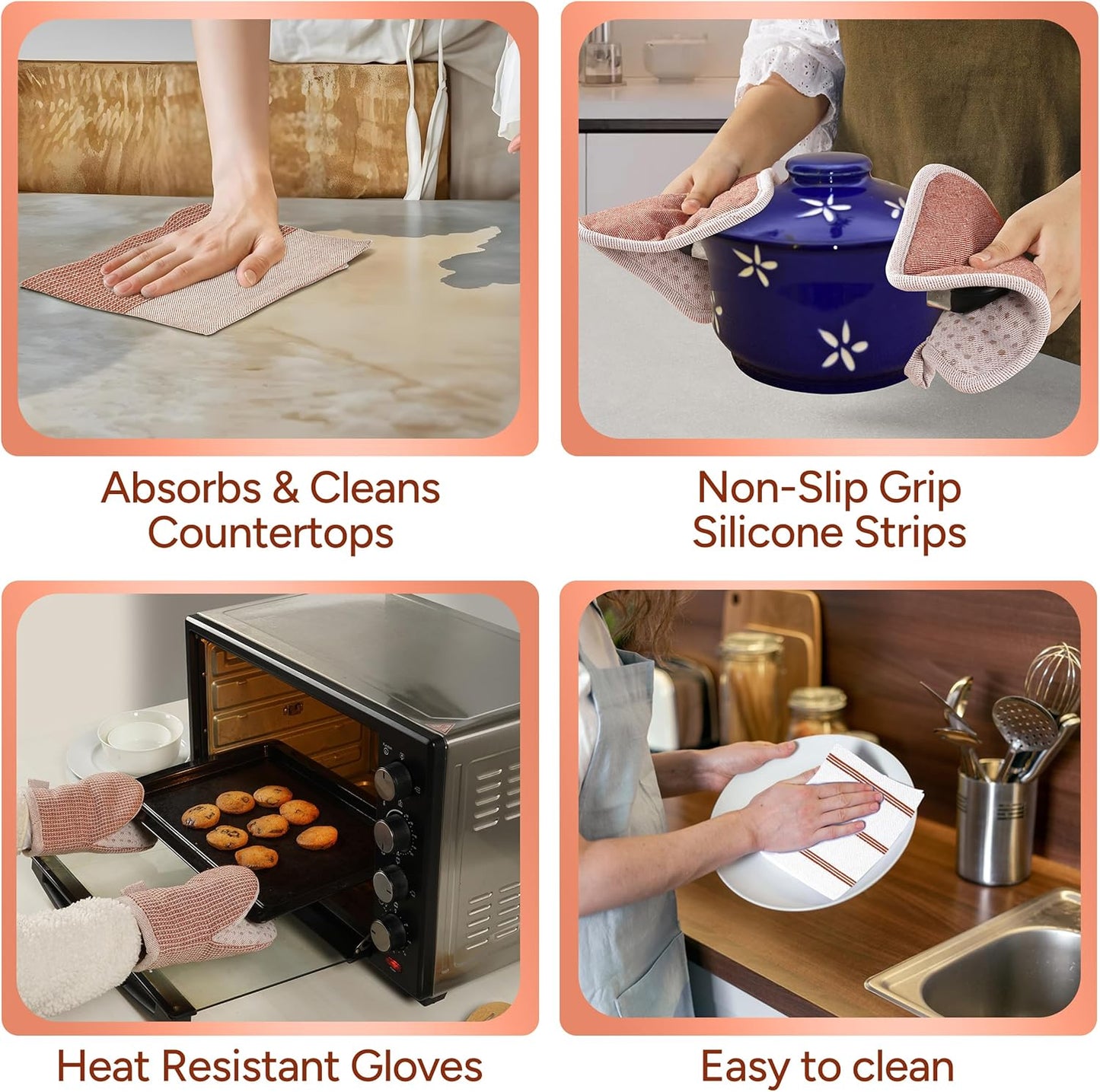 Casa Platino Potholders for Kitchens, 8-Piece – 500°F Heat Resistant Oven Mitts and Pot Holders, Mini Oven Mitts with Silicone Grip, 2 Kitchen Towels & 2 Dish Cloths – Durable & Non-Slip – Canyon Rose