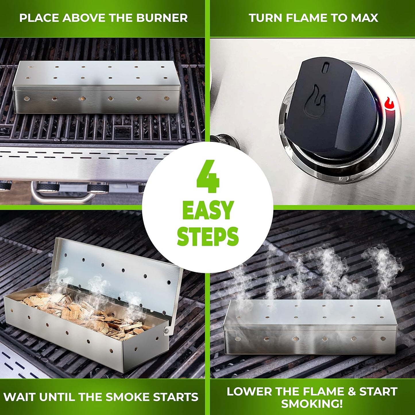 KITCHEN PERFECTION Smoker Box For Gas Grill - Bbq Wood Chip Smoker Box Pre-Filled with Apple Wood Chips -Adds Delicious Smokey Flavor on Propane & Pellet Grill