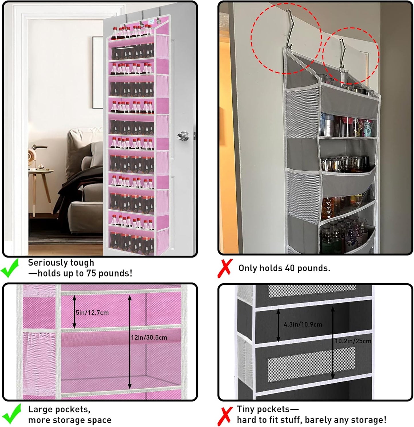over the door organizer, Solid Bamboo Board (Not Plastic!) 6-Tier Heavy Duty 75LB, 12 Side Pockets, 3 Reinforced Hooks & Anti-Slip Pads, Waterproof & Washable, No Sagging, No Door Damage,Pink