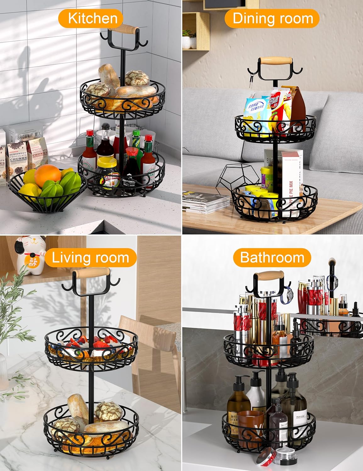 2-Tier ๐
๐ซ๐ฎ๐ข๐ญ ๐๐๐ฌ๐ค๐๐ญ and Fruit Bowl - Fruit and Vegetable Storage with Banana Tree Hanger and Wood Handle, Fruit Basket for Kitchen Counter, for Bread Onions Potatoes Veggies Produce