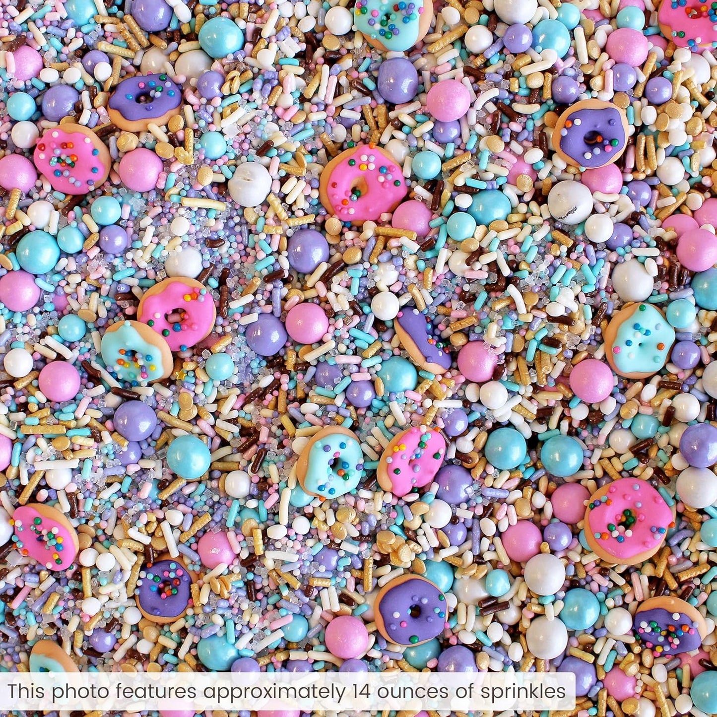 Sprinkle Pop Donut Sprinkle Mix| Lavender White Gold Pink Blue Sprinkle Mix with ~6 Sprinkled Donuts Royal Icings| Birthday Decorating Sprinkles Made in USA for Cupcakes Cakes Cookies Donuts, 2oz