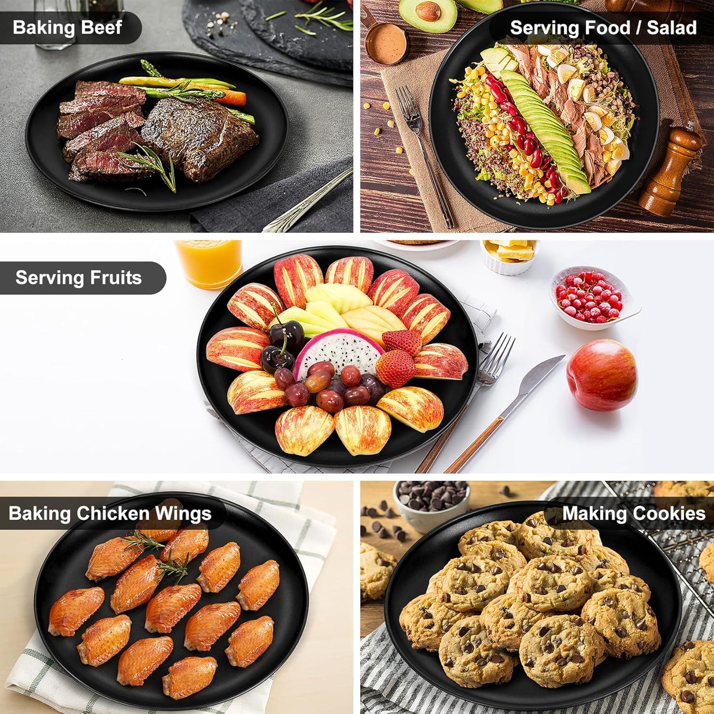 P&P CHEF 12 Inch Pizza Pan, 3 Pieces Stainless Steel Round Pizza Tray Dish Plate For Oven Baking Roasting, Healthy & Heavy Duty, Rust Free & Dishwasher Safe -Black