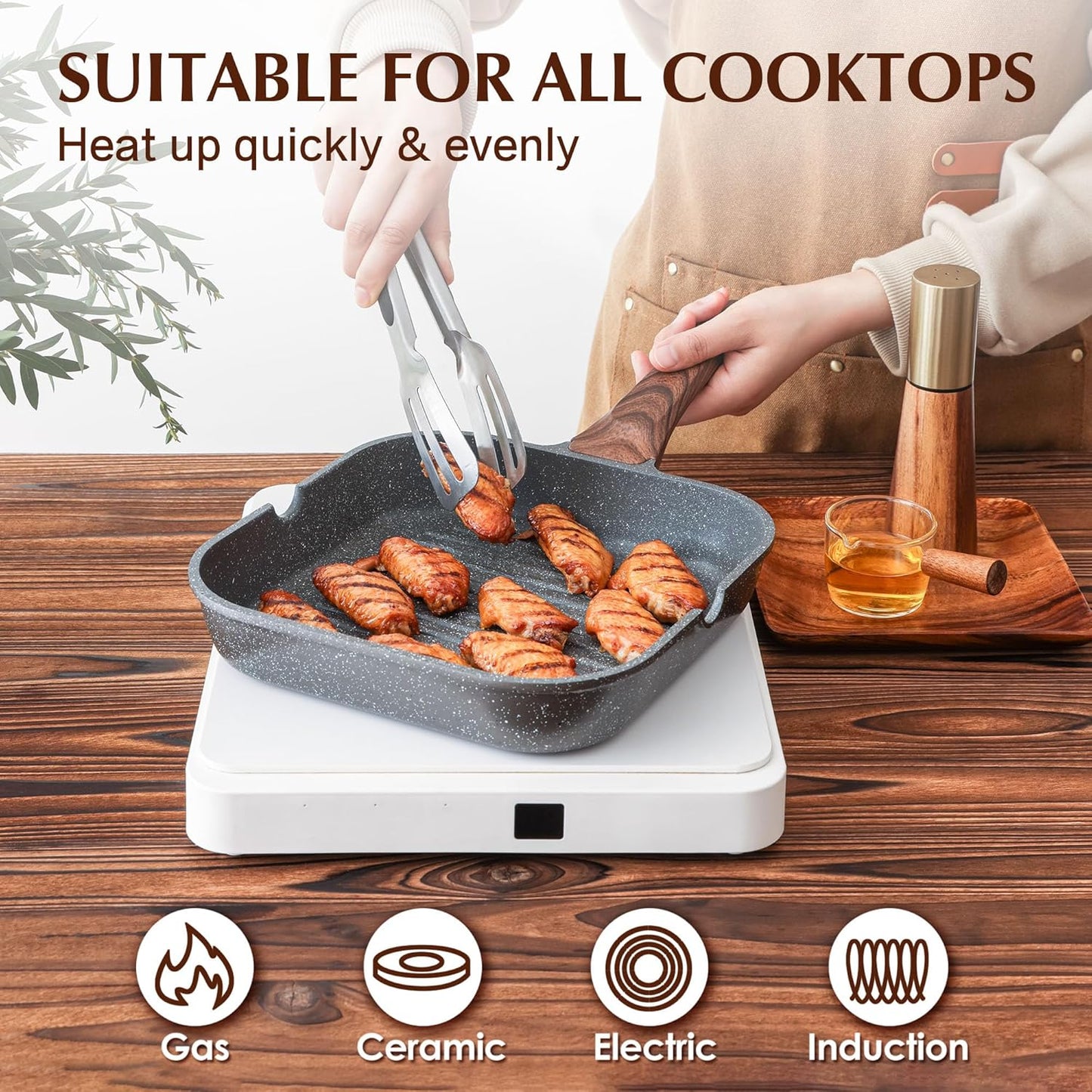 SENSARTE Nonstick Grill Pan for Stove Tops, Versatile Griddle Pan with Pour Spouts, Square Grill Pan for Big Cooking Surface, Durable Grill Skillet for Indoor & Outdoor Grilling. PFOA Free, 11 Inch