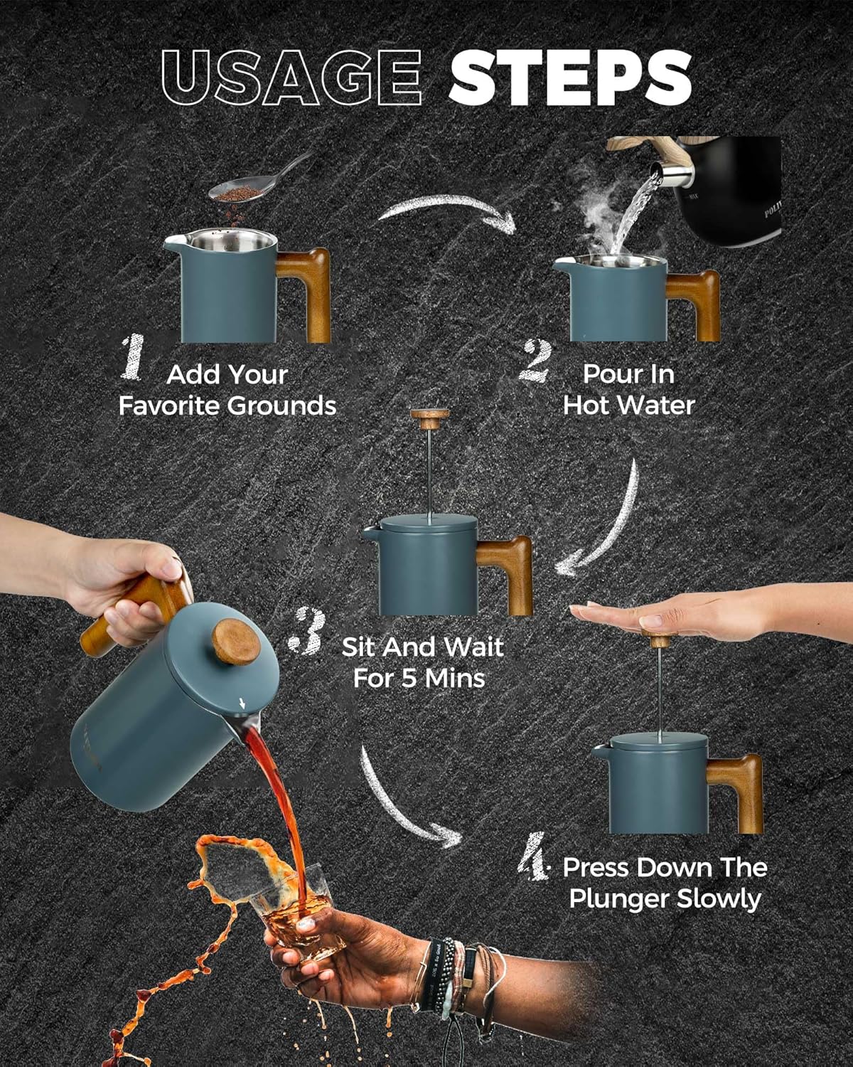 POLIVIAR French Press Coffee Maker, 21 oz Coffee Press with Real Wood Handle, Double Wall Insulation & Dual-Filter Screen, Food Grade Stainless Steel for Good Coffe and Tea, JX2024-SFPU