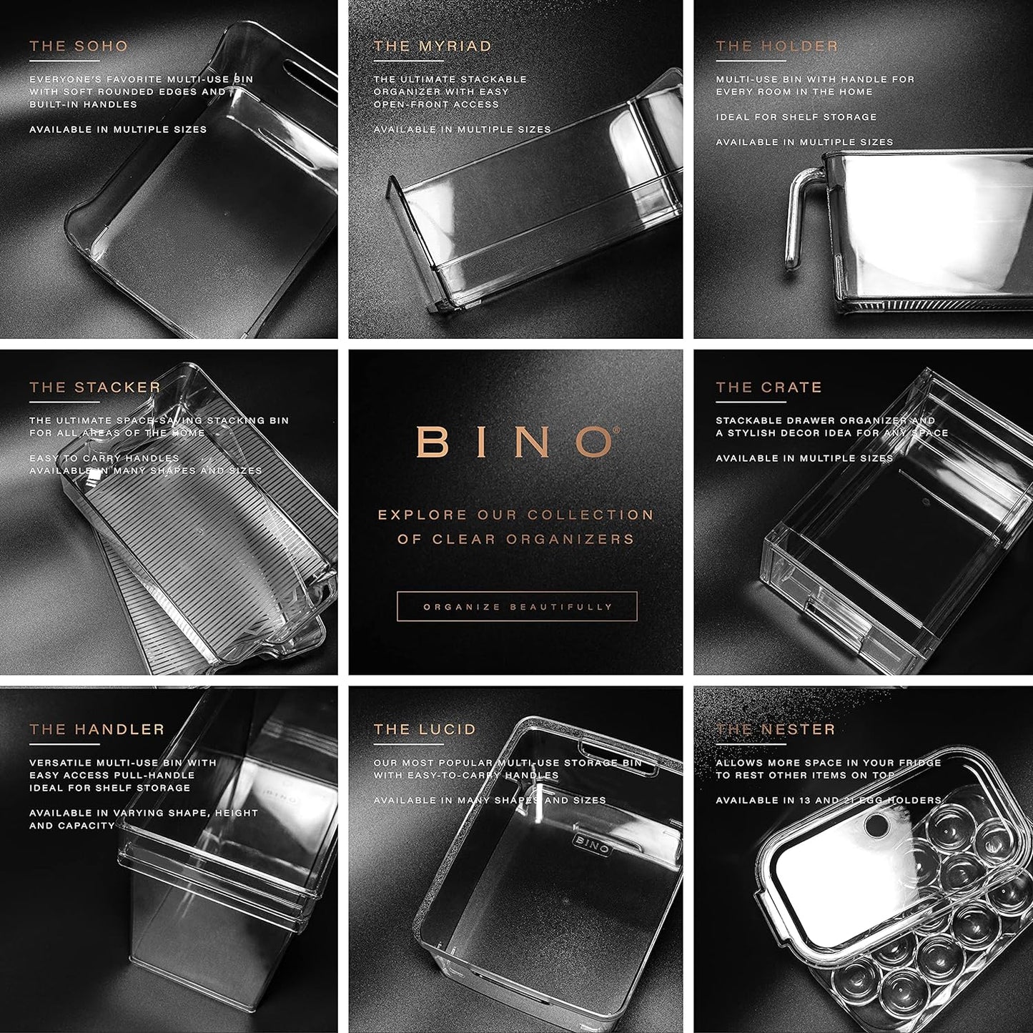 BINO | Plastic Storage Bins - 4 Pack | THE LODGE COLLECTION | Clear Storage | Containers for Organizing with Handles | Pantry Kitchen Organization | Fridge Organizer | Bathroom | Shelves Cabinet