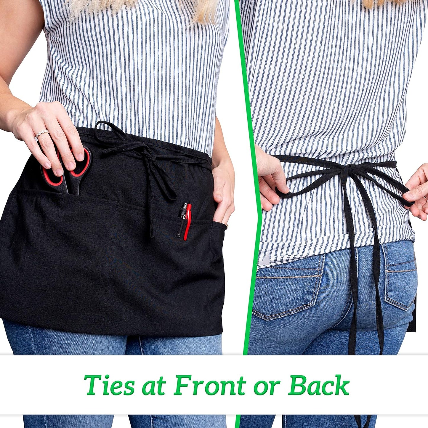 GREEN LIFESTYLE Server Aprons with 3 Pockets - Waist Apron, Waitress Apron for Women and Man, Water Resistant with Long Waist Strap Reinforced Seams, Half Apron (12 Pack - Black)