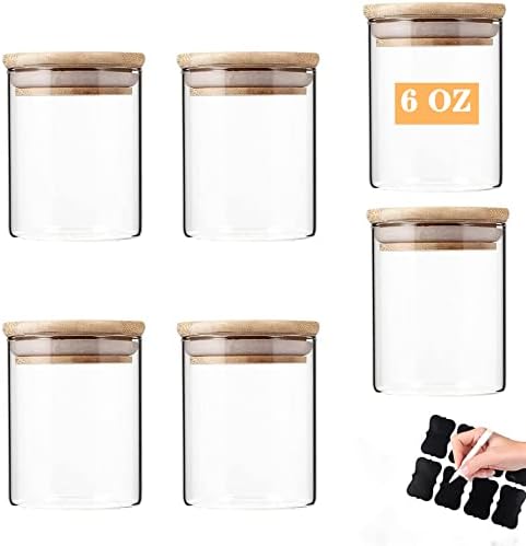 Glass Jars with Bamboo Wooden Airtight Lids 6oz 10oz Spice Jars Food Storage Containers for Home Kitchen, Tea, Salt, Pepper, Spices, Coffee, Herbs, Grains (6 OZ, 6 PCS)