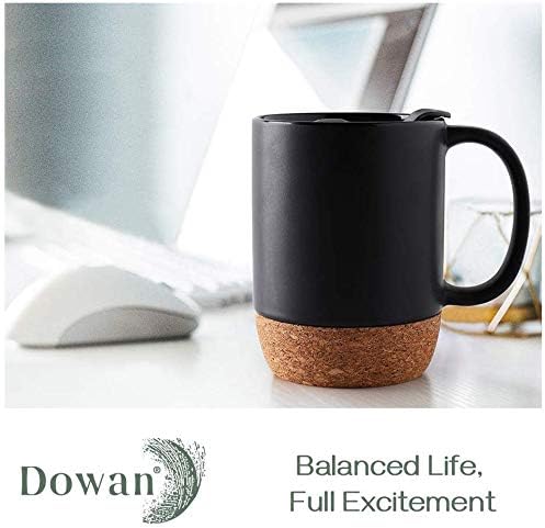 DOWAN Coffee Mugs Set of 2, 15 OZ Coffee Cup with Cork Bottom and Splash Proof Lid, Ceramic Mug Set with Large Handle for Men, Women, for Coffee Tea Latte, Matte Black