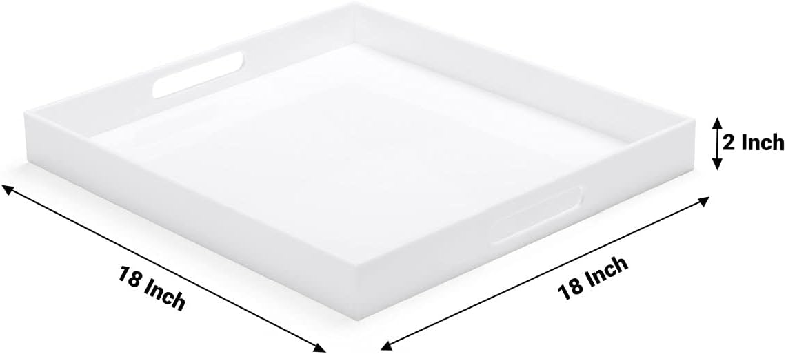White Acrylic Large Ottoman Tray with Handles 18"x18"x2" Spill Proof Serving Tray Rubber Boot Organizer Tray Decorative for Living Room Bedroom Kitchen Entryway Coffee Table Countertop