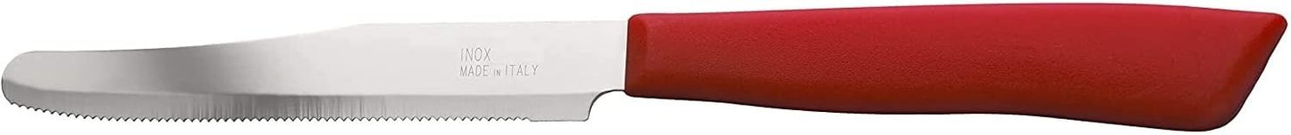 Tredoni 6 kitchen Knives - 4.3"/11cm Italian Stainless Steel Serrated Vegetable/Steak/Table Knife Cutlery, Rounded Tip (Red)