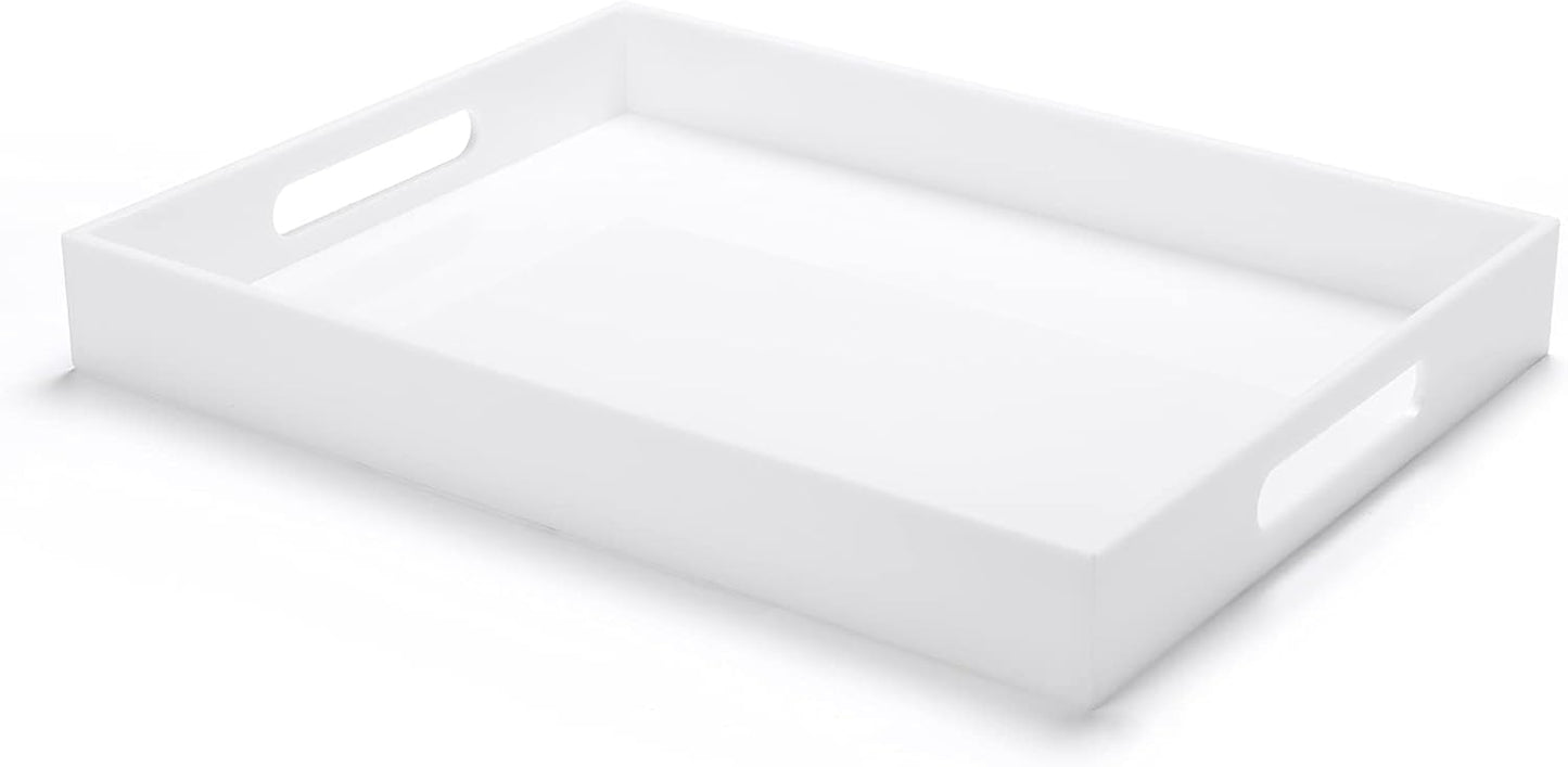 Modern Acrylic Ottoman Tray with Cutout Handles. Acrylic Serving, Organizer Decorative Tray. for Living Room, Bedroom,Bathroom and Kitchen Tabletop (White, 11x14 Inch)