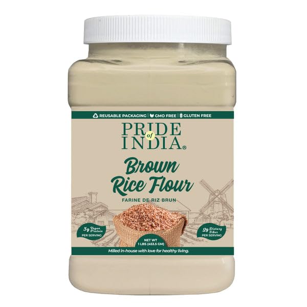 Pride of India - PACK of 6 - Brown Rice Flour 1 lbs (454 gm) Slightly Nutty Earthy Taste Milled in Small Batches- Used for Cooking Baking Coating Thickening Cakes Soups Noodles Dumplings Pastries