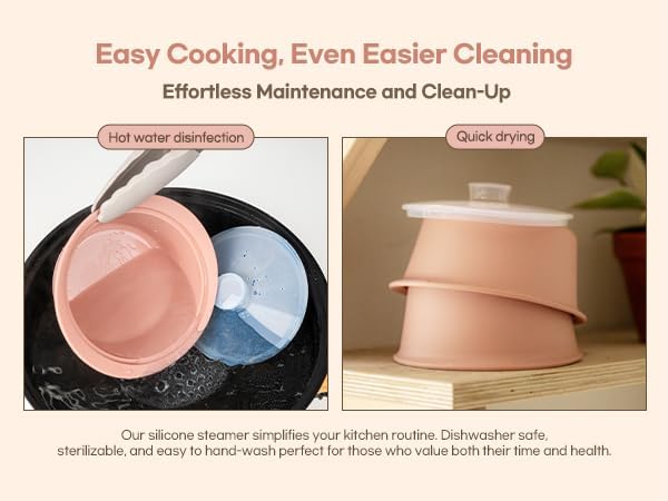 Microwave Silicone Steamer for Baby Food, Made In Korea, Oven & Dishwasher Safe to 482°F, Easy Clean, Microwave Pot with Handle & Lid, 100% Food Grade Steamer Bowl (Creme Brulee, 27.1oz (800ml))